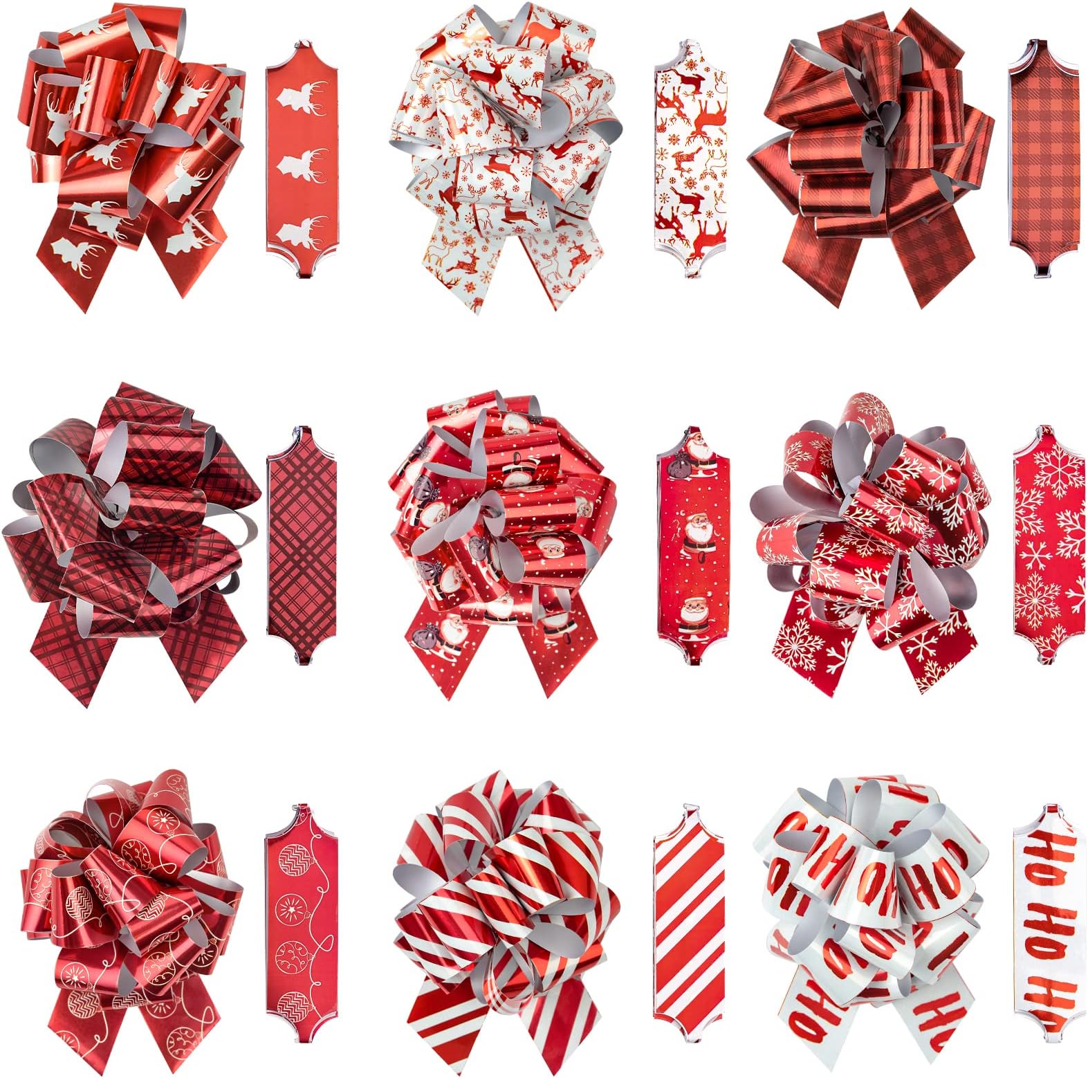WRAPAHOLIC 18 Pcs Christmas Gift Pull Bows Assortment - 5 Inches Diameter Red Pull String Bows for Christmas, Holiday, Party Favors, Decor