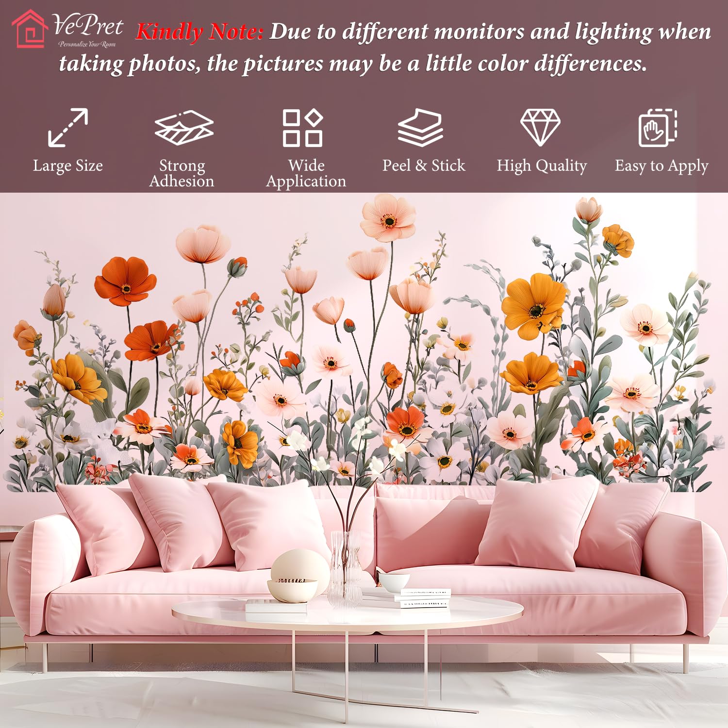 VePret Large Pink Wildflowers Wall Decals, Peel and Stick Removable Floral Botanical Wall Stickers - Image 2