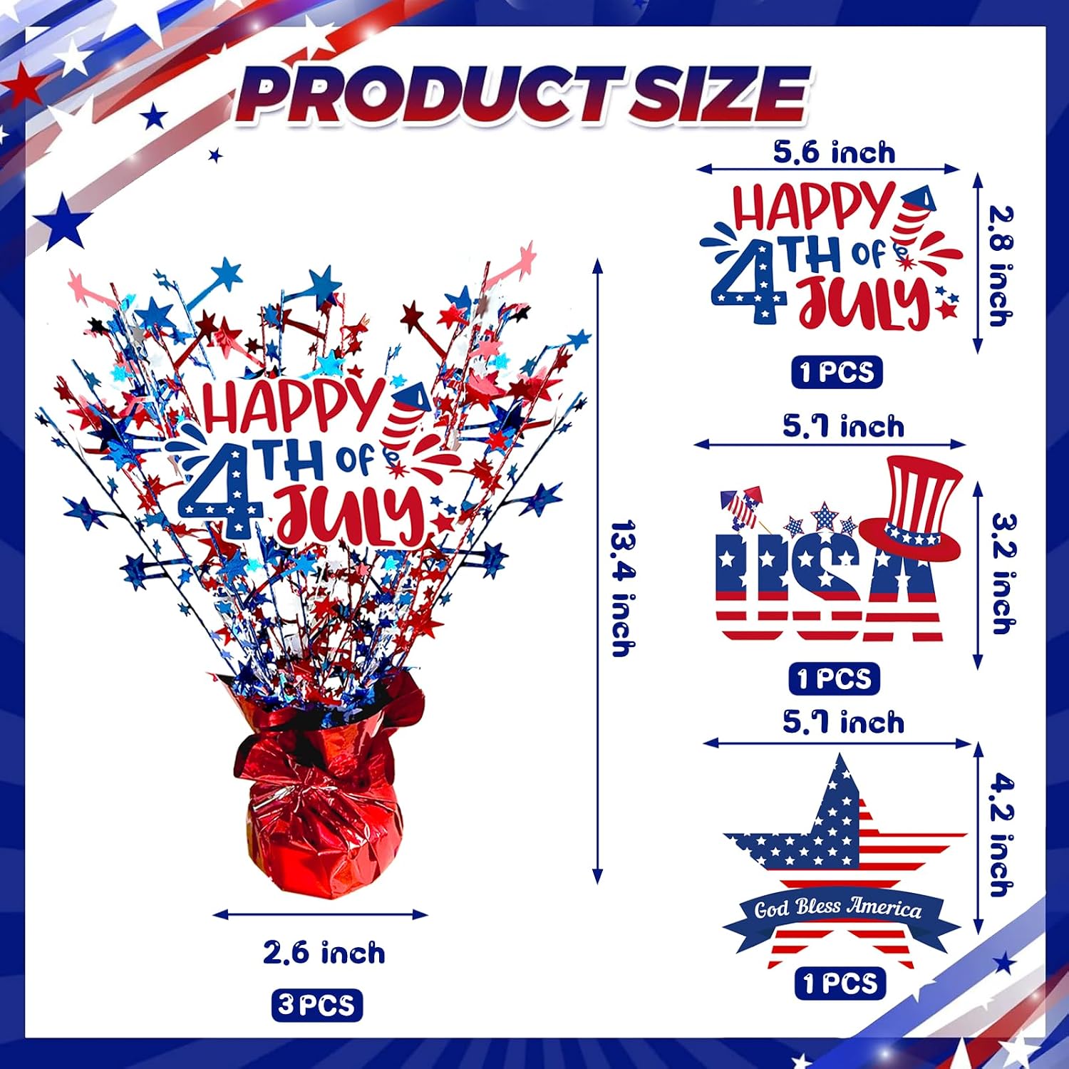 3Pack 4th of July Table Centerpieces - Balloon Weight Centerpieces Red White and Blue Star Glitter Foil Centerpieces for American Memorial Day Veteran Day Party Table Decorations