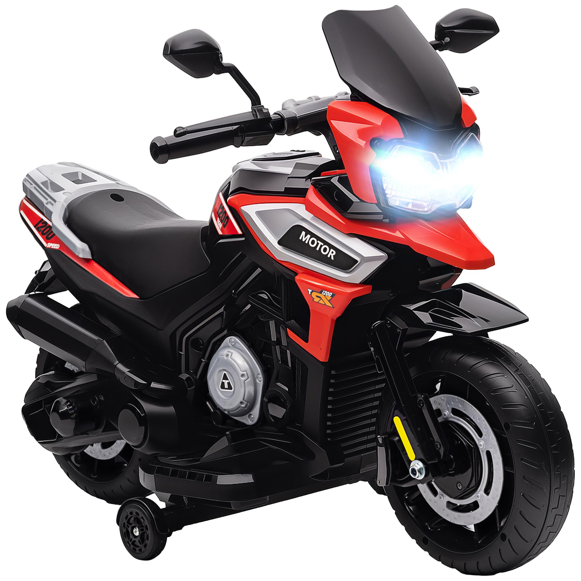 AIYAPLAY Moto Elettrica per Bambini 18-36 Mesi, 6V Motorino Elettrico per Bambini con Rotelle Rimovibili, Fari, Musica, 2.4 km/h Mini Moto con Fanale, Max 30kg, Rosso