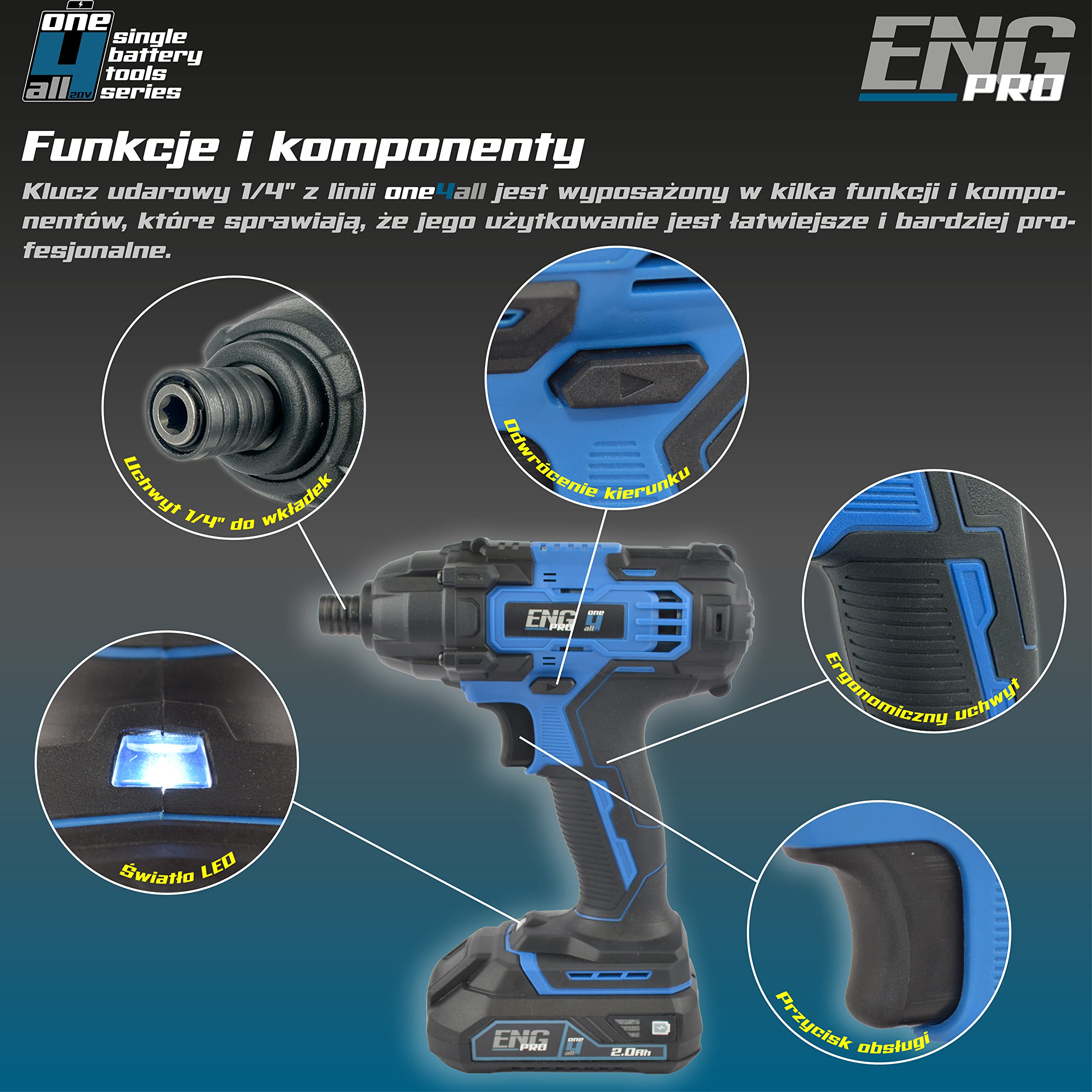 Zakrętarka udarowa akumulatorowa - Profesjonalna Linia Jednoakumulatorowa ONE4ALL - 1/4" 180 Nm 1 Prędkość 2800 obr/min + Torba Narzędzia + 1 bateria 2,0 Ah i ładowarka - ENG PRO