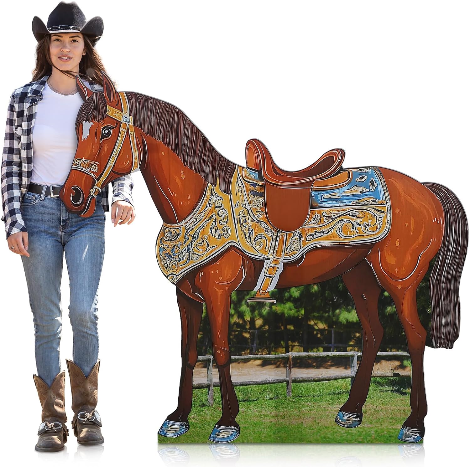 Leinuosen 4.6 ft Horse Party Decoration Brown Horse Cardboard Cutout Stand up Life Size Western Cowboy Cowgirl Themed Photo Booth Props Stnad-up Cardboard Cutout for Wild West Western Party Supplies