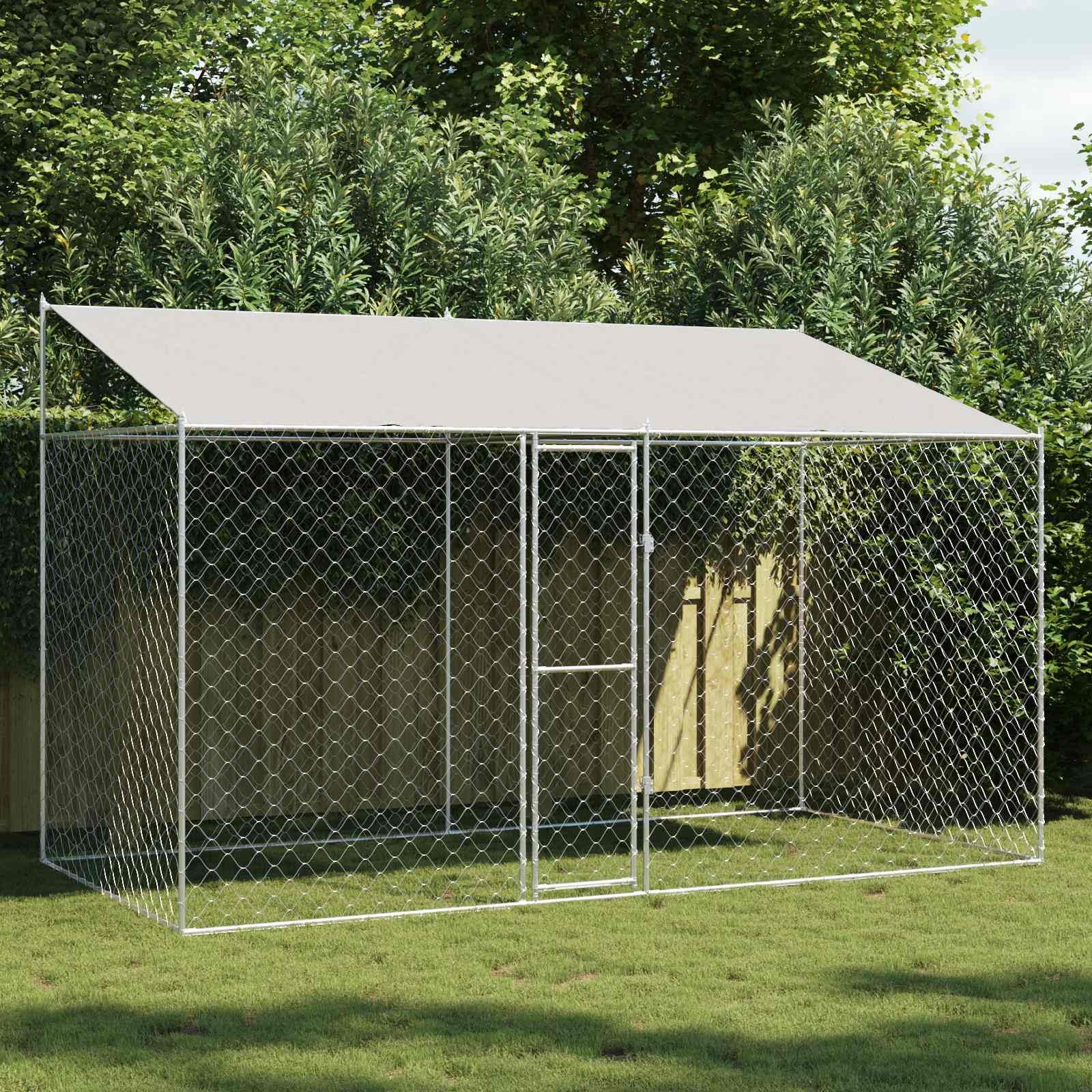 Klatka dla psa z dachem, srebrna, 400 x 200 x 256 cm, wykonana ze stali i PE, odporna na warunki atmosferyczne wybieg dla psów z kratką drucianą, zamykanymi drzwiami, przestronna karma dla