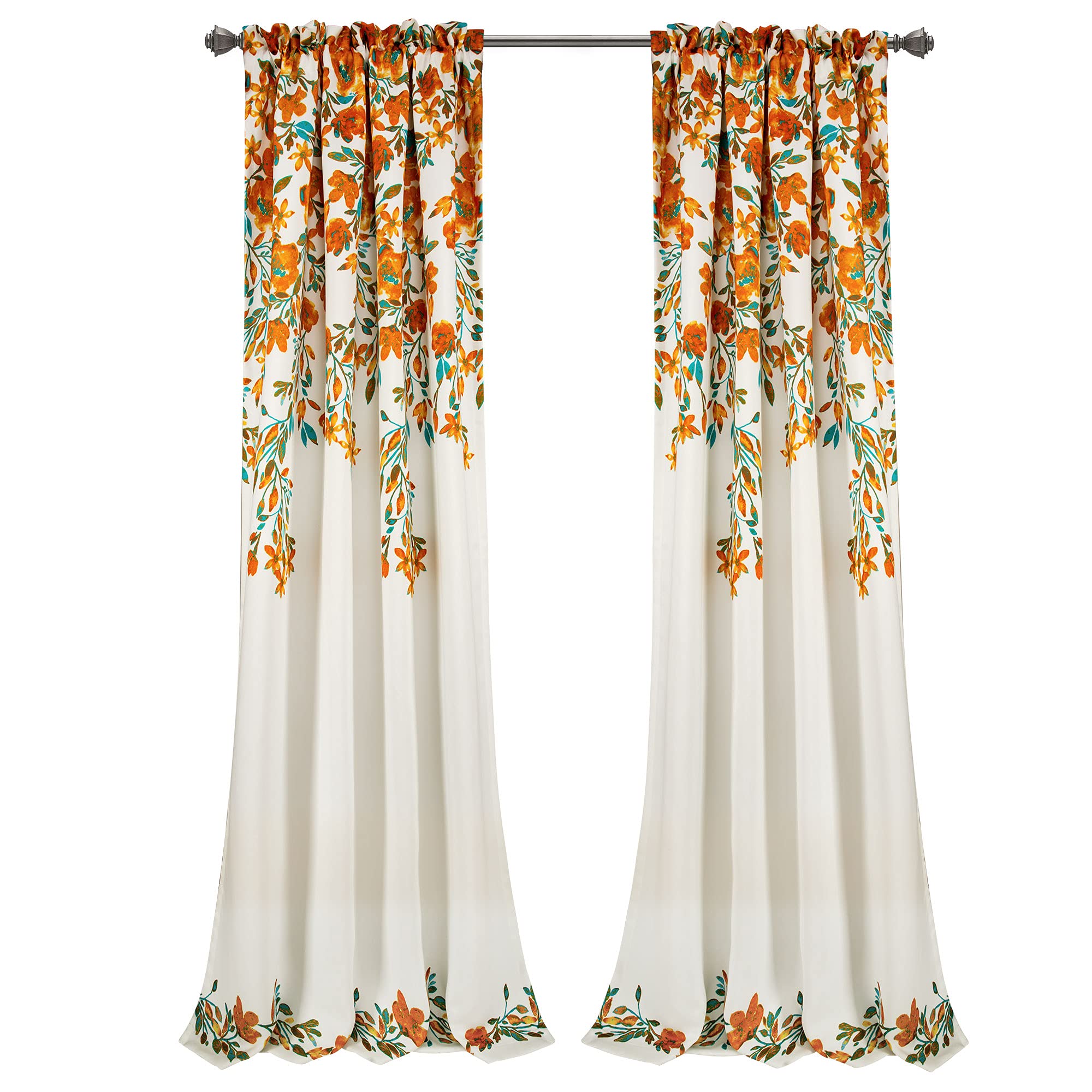 Lush Decor Tanisha Cortinas | Juego de Paneles de Ventana con diseño Floral para oscurecer la habitación, Mandarina y Turquesa, 84" x 52"