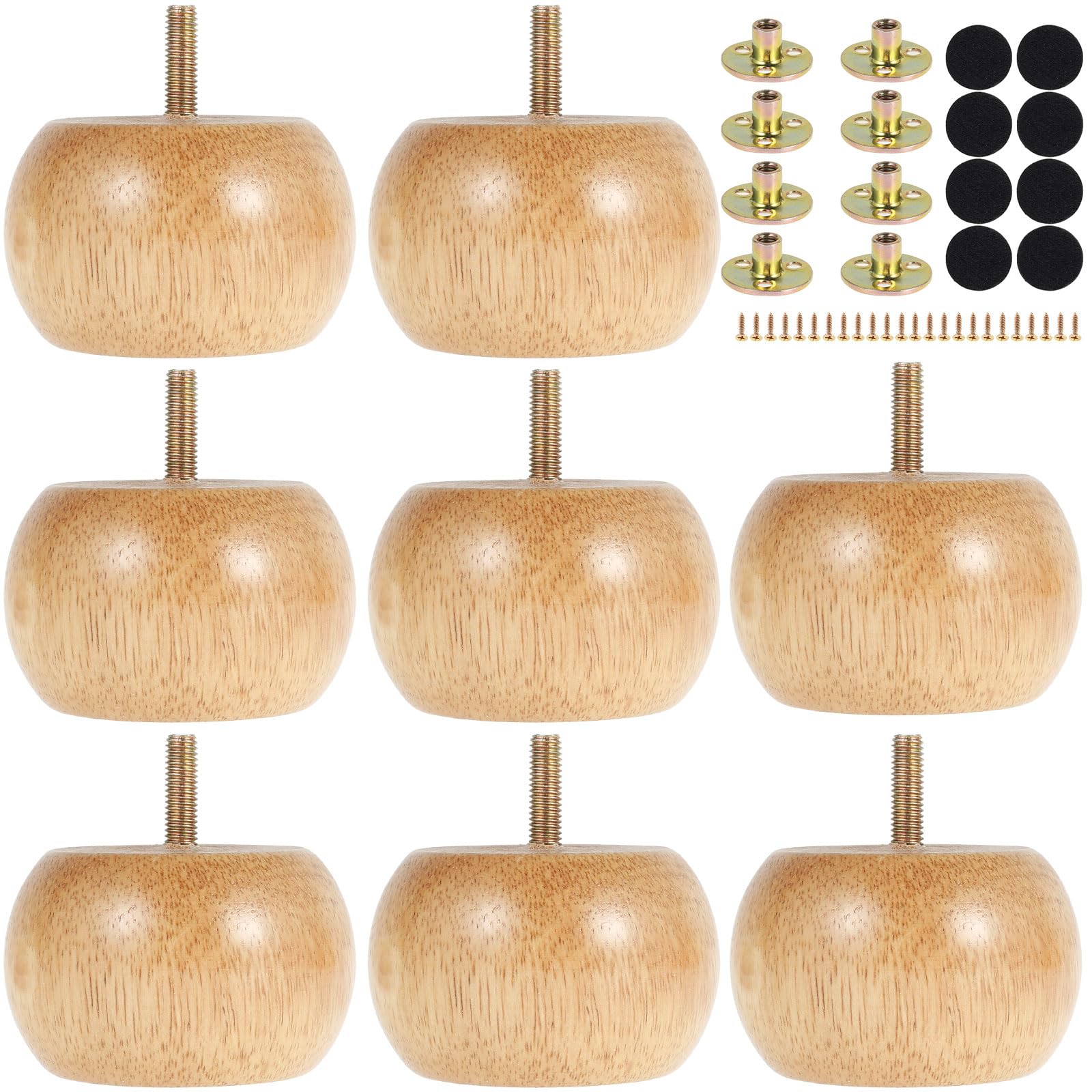 LuLobtg 5cm wood furniture legs, 8PCS wooden sofa Feet，Replacement Set for cabinet， Round Bun Feet with Screw for Couch, Beds and Tables