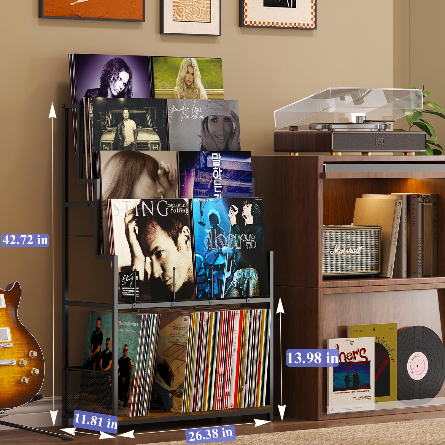 Soporte de almacenamiento de discos de vinilo de 5 niveles con estante de exhibición de discos, organizador de vinilo de gran capacidad, almacenamiento de 250-320 álbumes, estante de metal para LP, CD