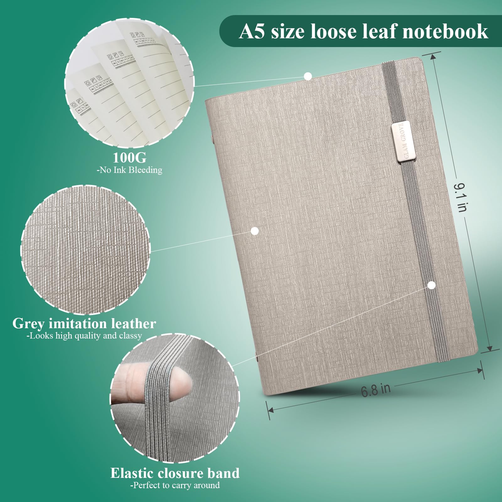 GLAM GROVE A5 nachfüllbares Ringbuch-Notizbuch – elegantes Hardcover, 160 Seiten aus 100 g dickem Papier, 6-Ring-Design mit Stiftschlaufe und Taschen – ideal zum Schreiben, Reisen, Arbeiten und für