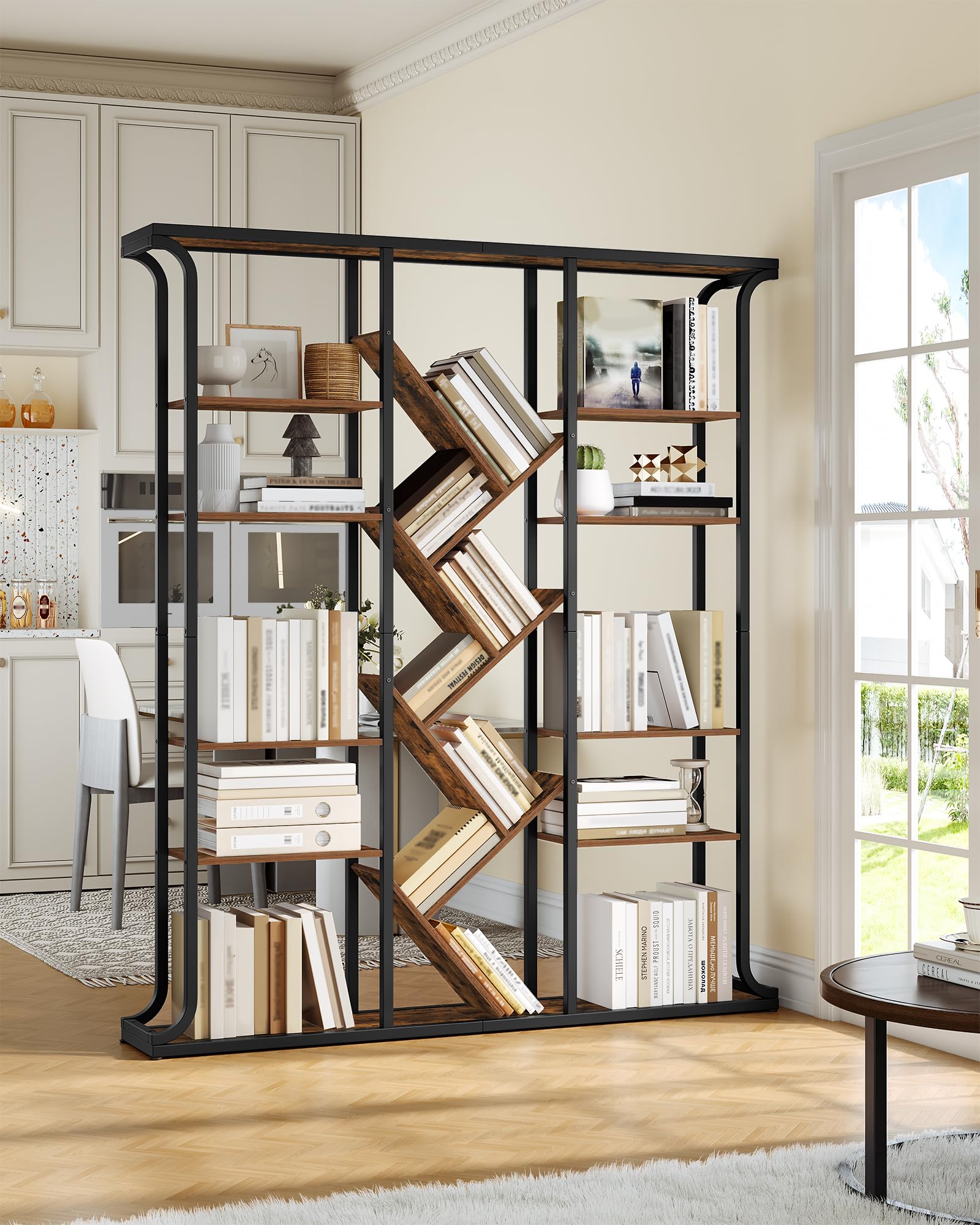 Hzuaneri Bücherregal, 3 Säulen 6 Tier Baumförmiges Bücherschrank, 17 Fächer offene unabhängige Regale, für Home-Office, Schlafzimmer, Wohnzimmer, 24 x 156 x 180 cm Vintage Braun-Schwarz BC53201B