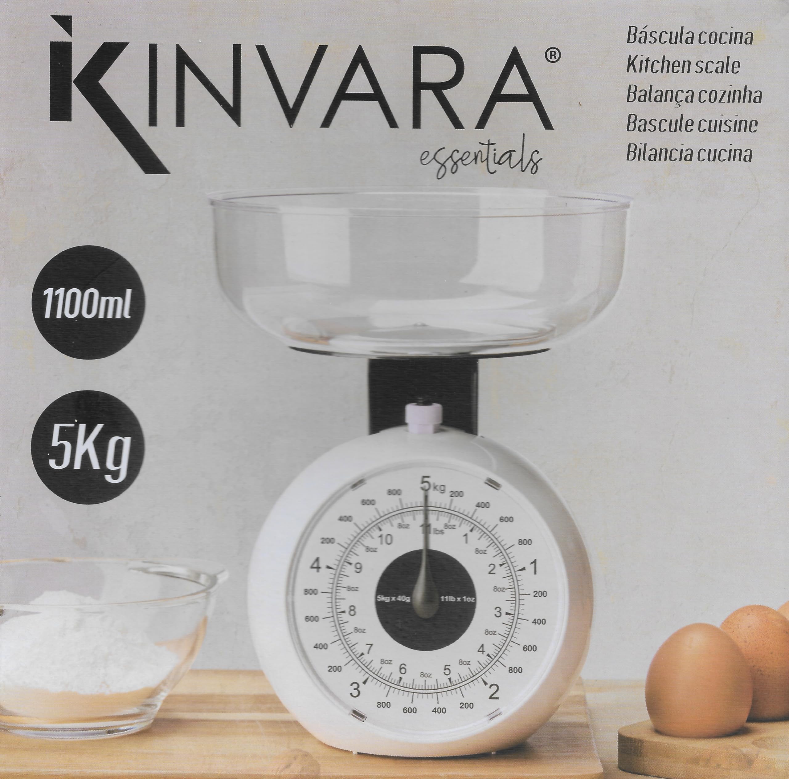 Bilancia da cucina meccanica con contenitore contatore smontabile - portata fino a 5 kg | bilancia analogica - facile da usare per pesare alimenti, liquidi | non necessita di batterie (1,1 litri)