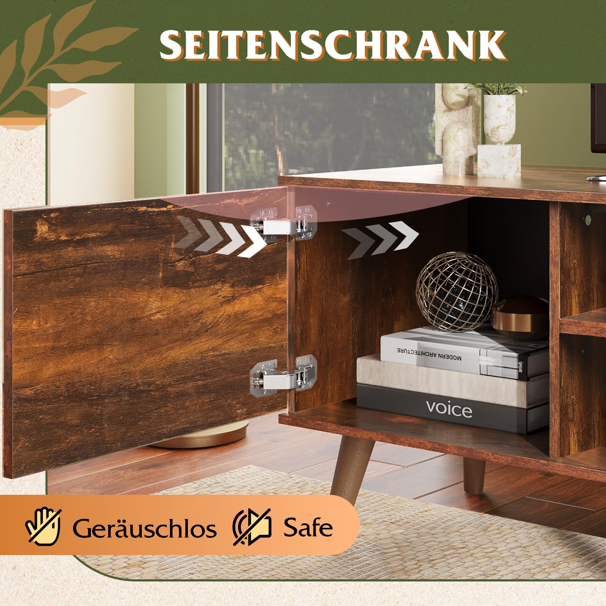 WLIVE TV Schrank 160 cm Lang, Lowboard Holz für Fernseher 60 65 70 Zoll, Fernsehtisch mit 2 Türen, Industrie-Design, TV Cabinet, Vintagebraun-schwarz
