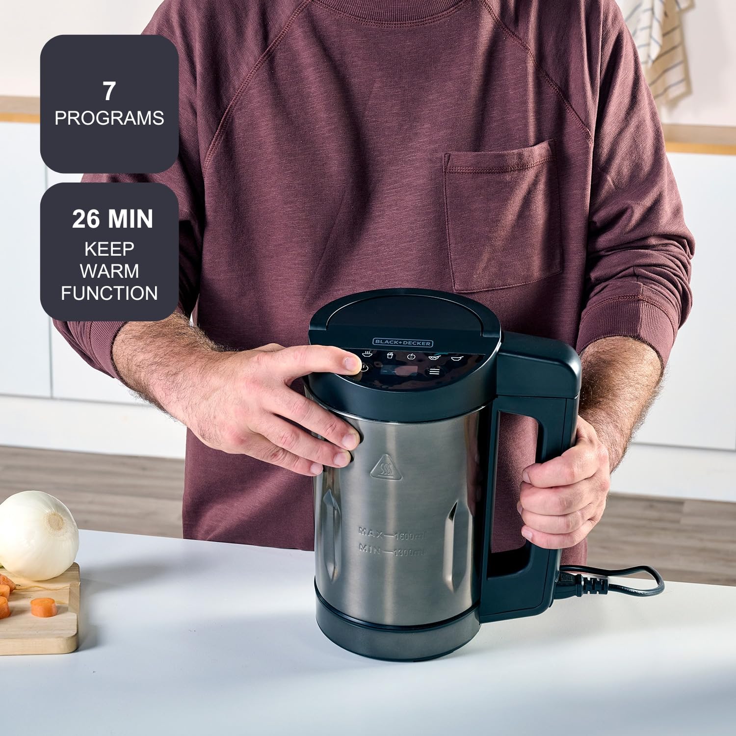 BLACK+DECKER BXSM1000E - Soup Maker 1040W | Carafe Inox 1,6L | 7 Programmes Automatiques | Smoothies, Compotes & Soupes | Fonction Maintien au Chaud | Écran Digital | Matériaux Sans BPA