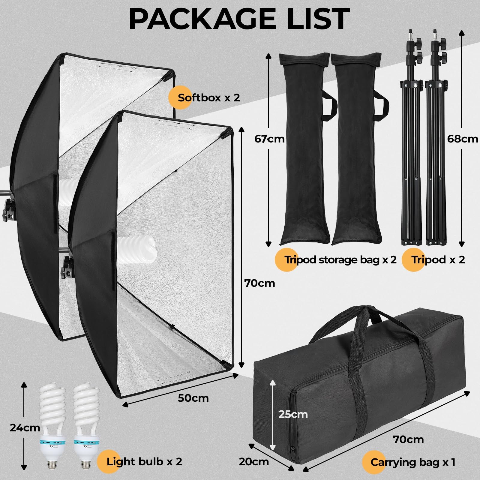 Softbox LED Set, Foco Fotografía 2 x 50 x 70cm con 135W Bombillas LED 5500 K, Kit de Iluminación, Soportes de luz Ajustables, para Youtube, TikTok, Retratos de Estudio, Fotografía