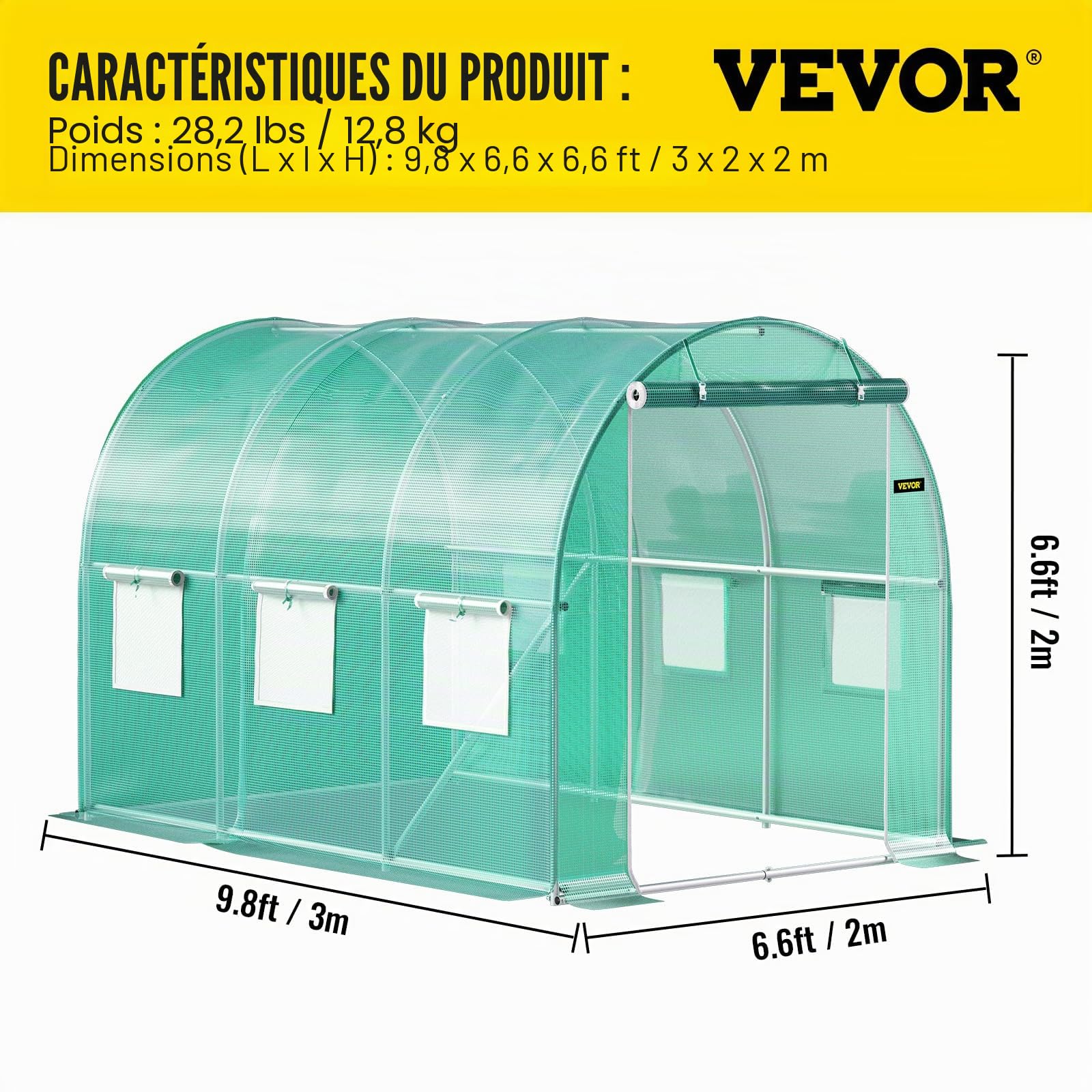 VEVOR Serre Tunnel Jardin 3x2,1x2,1 m Tente Abri Plantes Cadre en Acier Galvanisé Couverture Étanche en PE 1 Poutre Supérieure 2 Poteaux Diagonaux 1 Porte 6 Fenêtres pour Cultiver Légumes Fleurs Vert