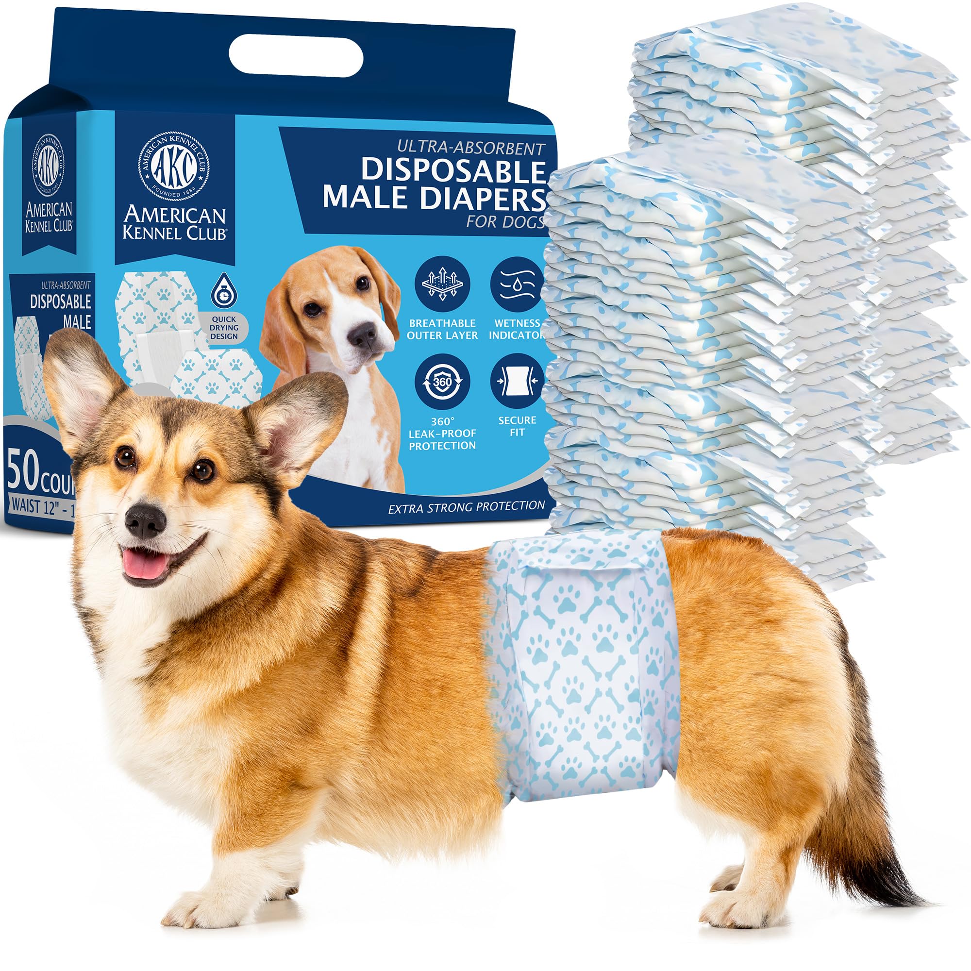 American Kennel Club Male Dog Wrap, Disposable Diapers with Wetness Indicator, Small, 50 Count