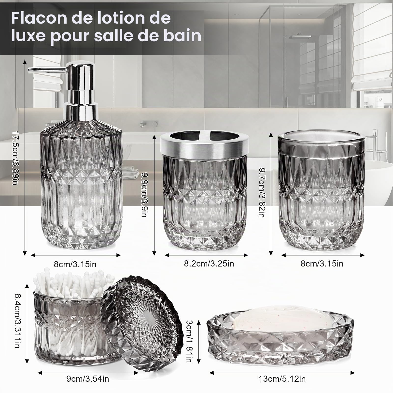 Lot de 5 accessoires de salle de bain, distributeur de savon en verre, porte-brosse à dents, gobelet, porte-savon et pot de rangement, décoration moderne pour salle de bain et cuisine pour maximiser