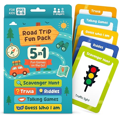 WELL BALANCED 5-in-1 Road Trip Games for Kids Ages 4-8 – Car Games, Riddles, Trivia, Scavenger Hunt – Car Ride Essentials for Screen-Free Fun – Road Trip Activities for Kids