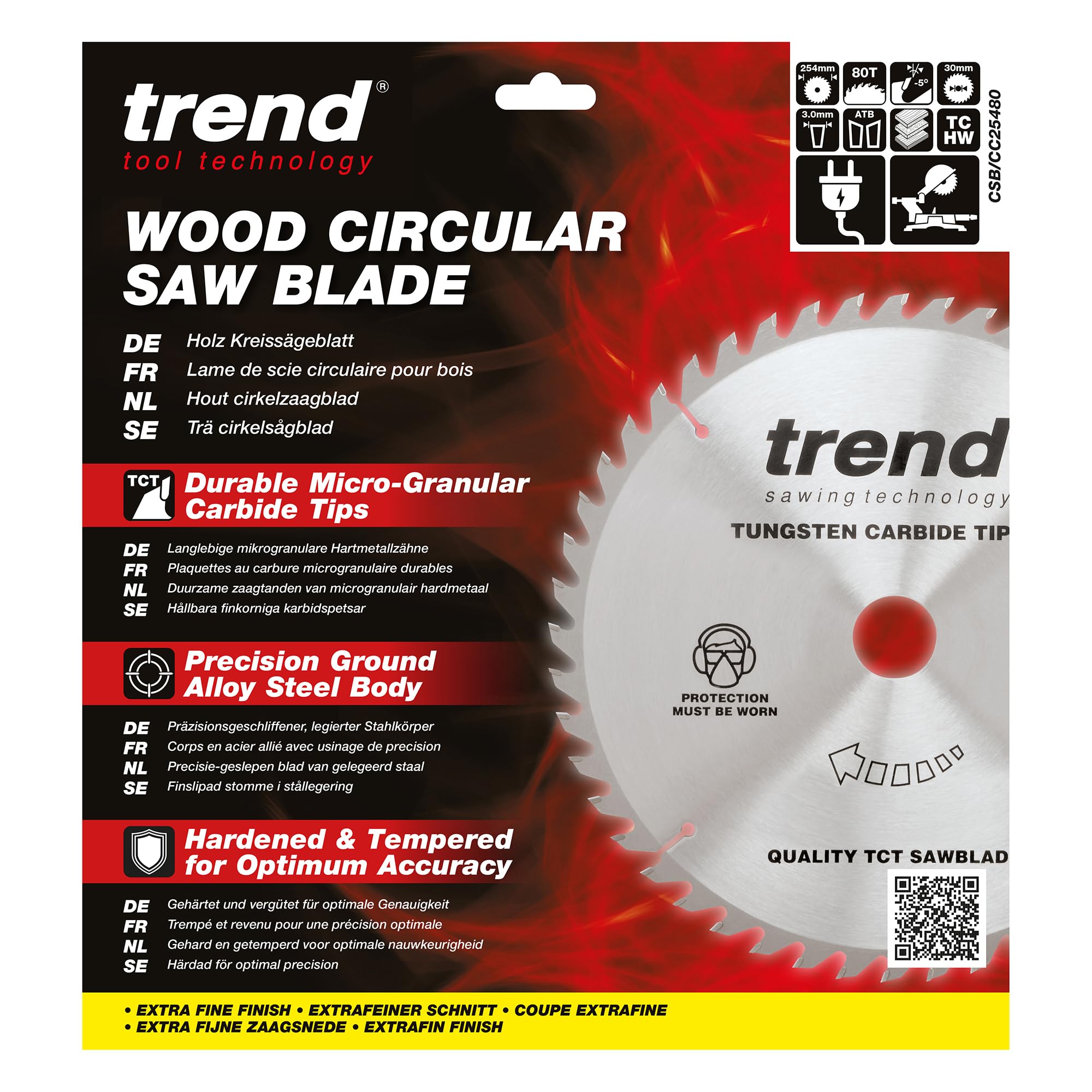 Trend Tarcza do cięcia ukośnego 254 mm 80T TCT, otwór 30 mm, extra-fine | Do dokładnych cięć poprzecznych w drewnie na pilarkach ukośnicach: 80T TCT, hak -5°, cięcie 3 mm, CSB/CC25480