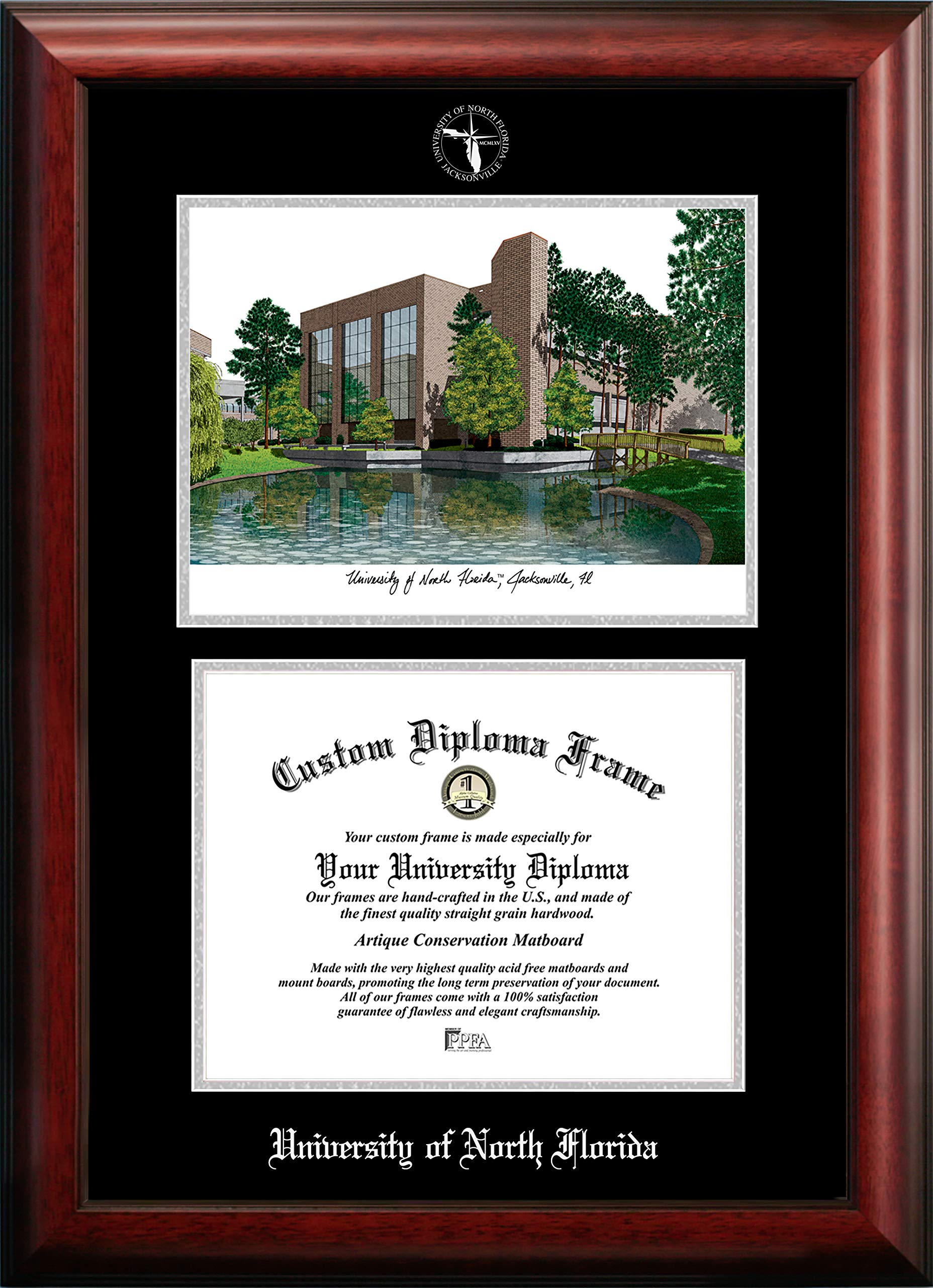 Campus Images NCAA North Florida Ospreys Unisex Silver Medallion Frame University of North Florida 11w x 8.5h Silver Embossed Diploma Frame Lithograph, Brown, One Size