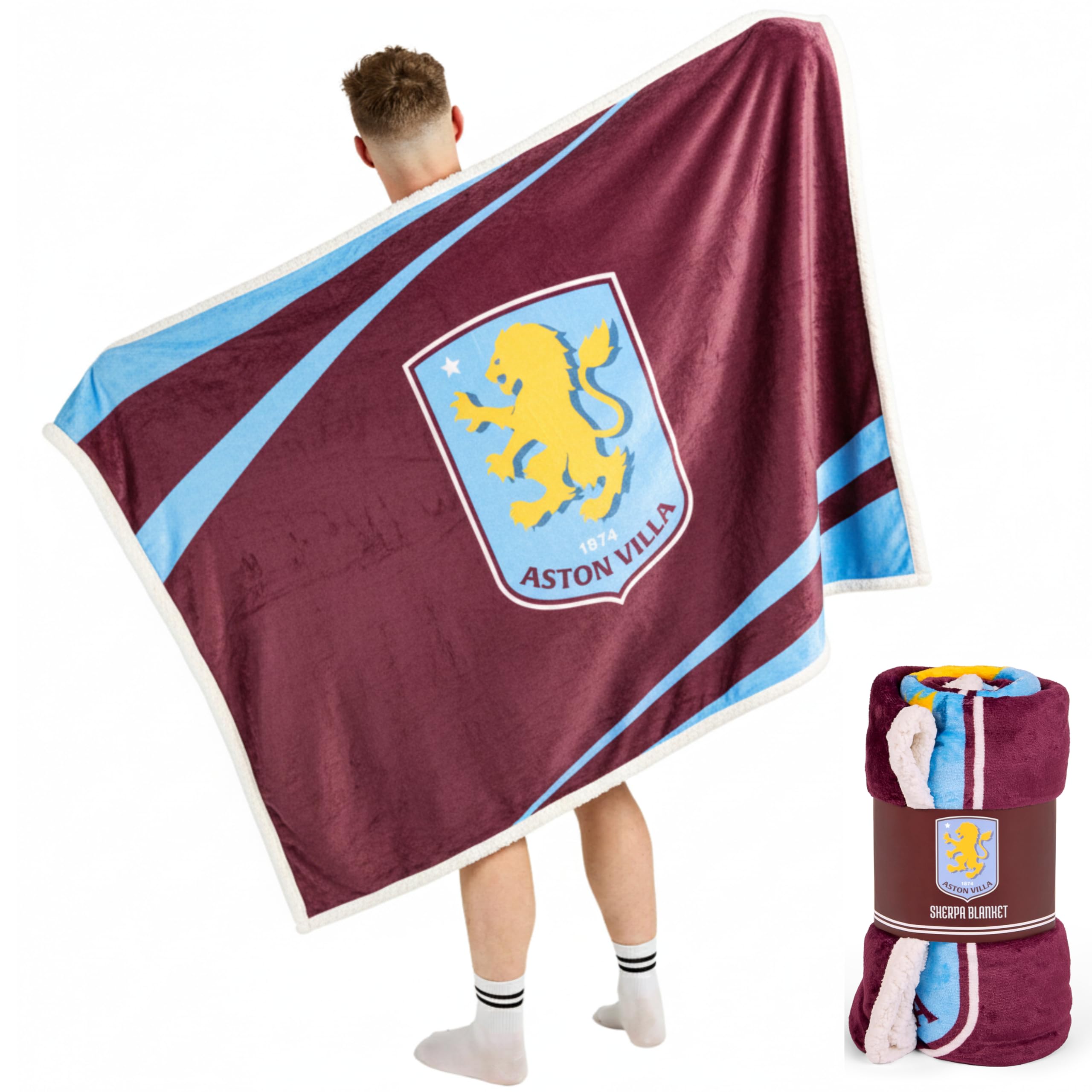 Aston Villa Sherpa Fleece Blanket - 152 x 117 cm, Official Merchandise For the Premier League Football Club