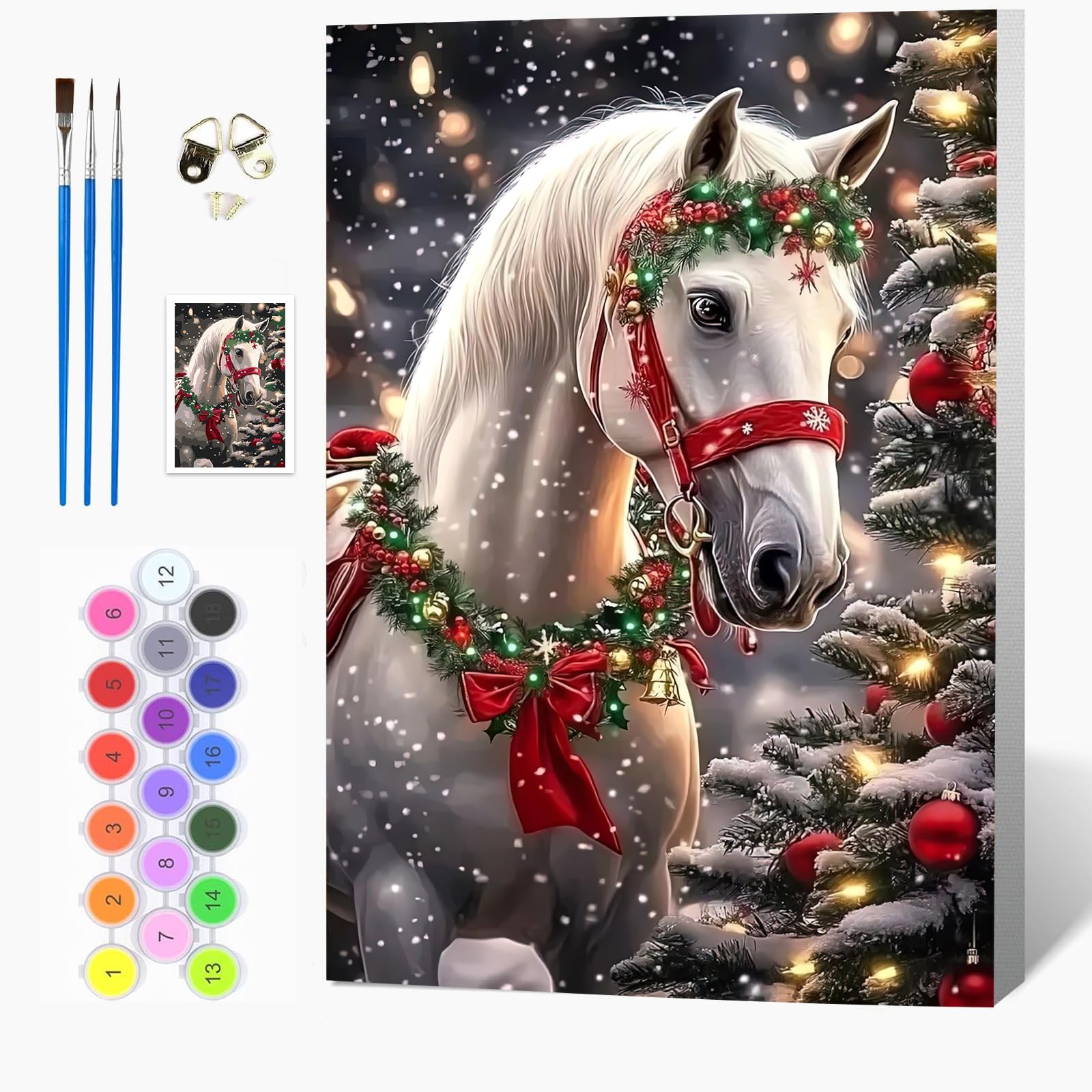 Auremi Christmas Paint by Numbers Kits Kids Adults, Horse Painting by Number Kits On Canvas,Framed DIY Color Oil Painting Acrylic Paints,Home Wall Decor 20x30cm