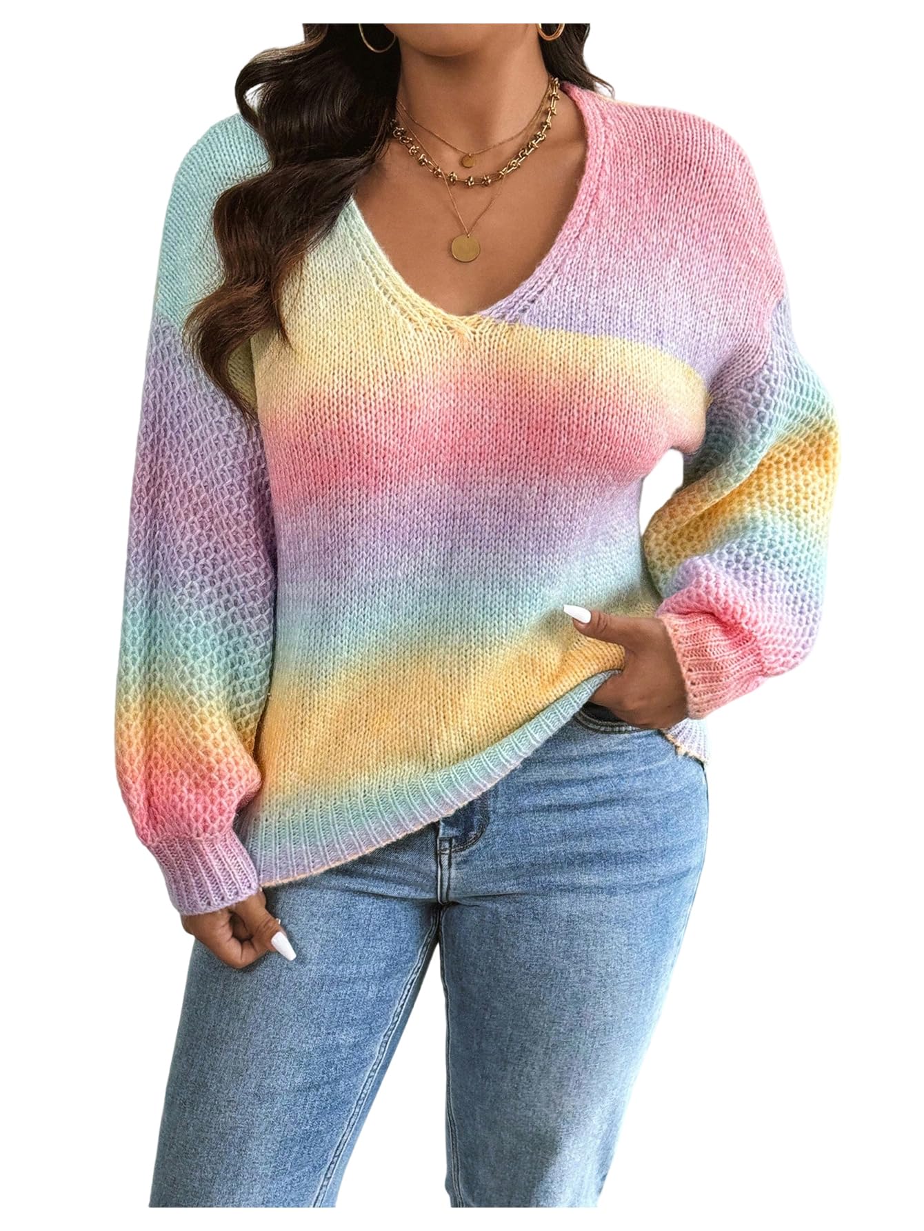 Womens Plus Size Ombre Sweater Fall Lightweight Sweater Oversized Long Sleeve Knit Top V Neck Jumper Pullover