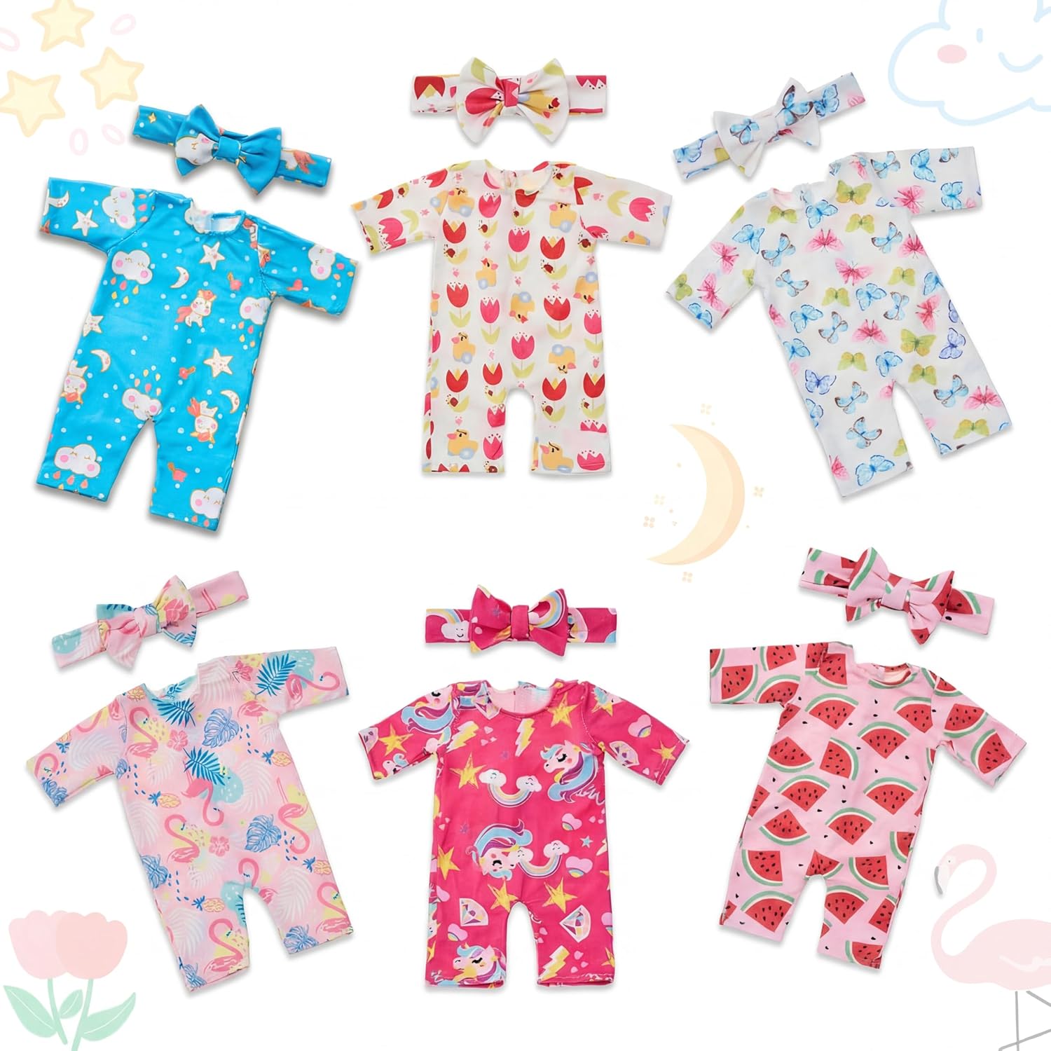 6 Set 18In Reborn Baby Doll Clothes Accessories Romper Suit and Bow Headband for Newborn Baby Doll Girl Kids Gift(Dress & Cozy Set)