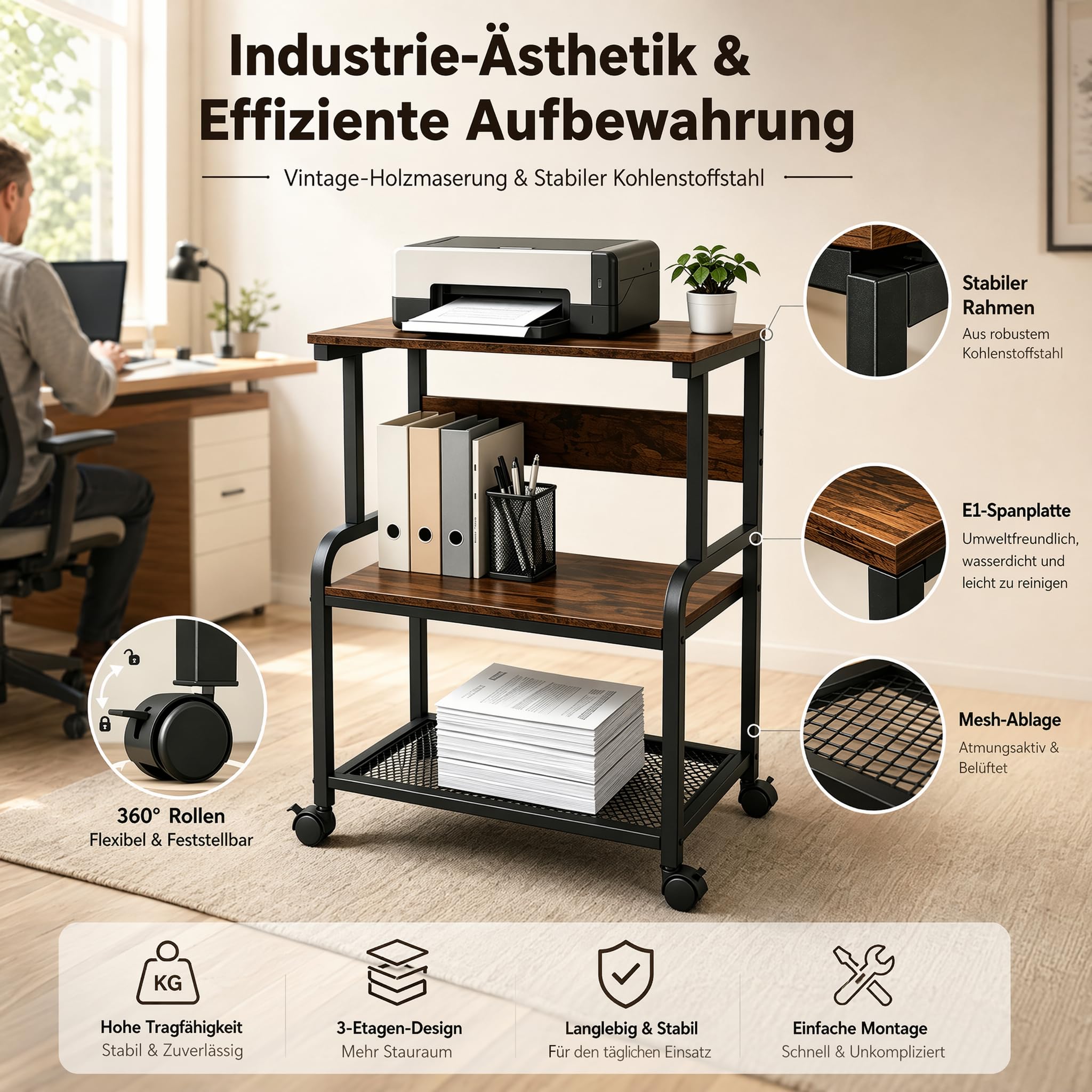 Mesa de impresión de 3 niveles con ruedas, soporte para impresora de madera y metal, 50 x 40 x 80 cm, mesa enrollable de hasta 70 kg, estilo industrial para impresora 3D y oficina en casa