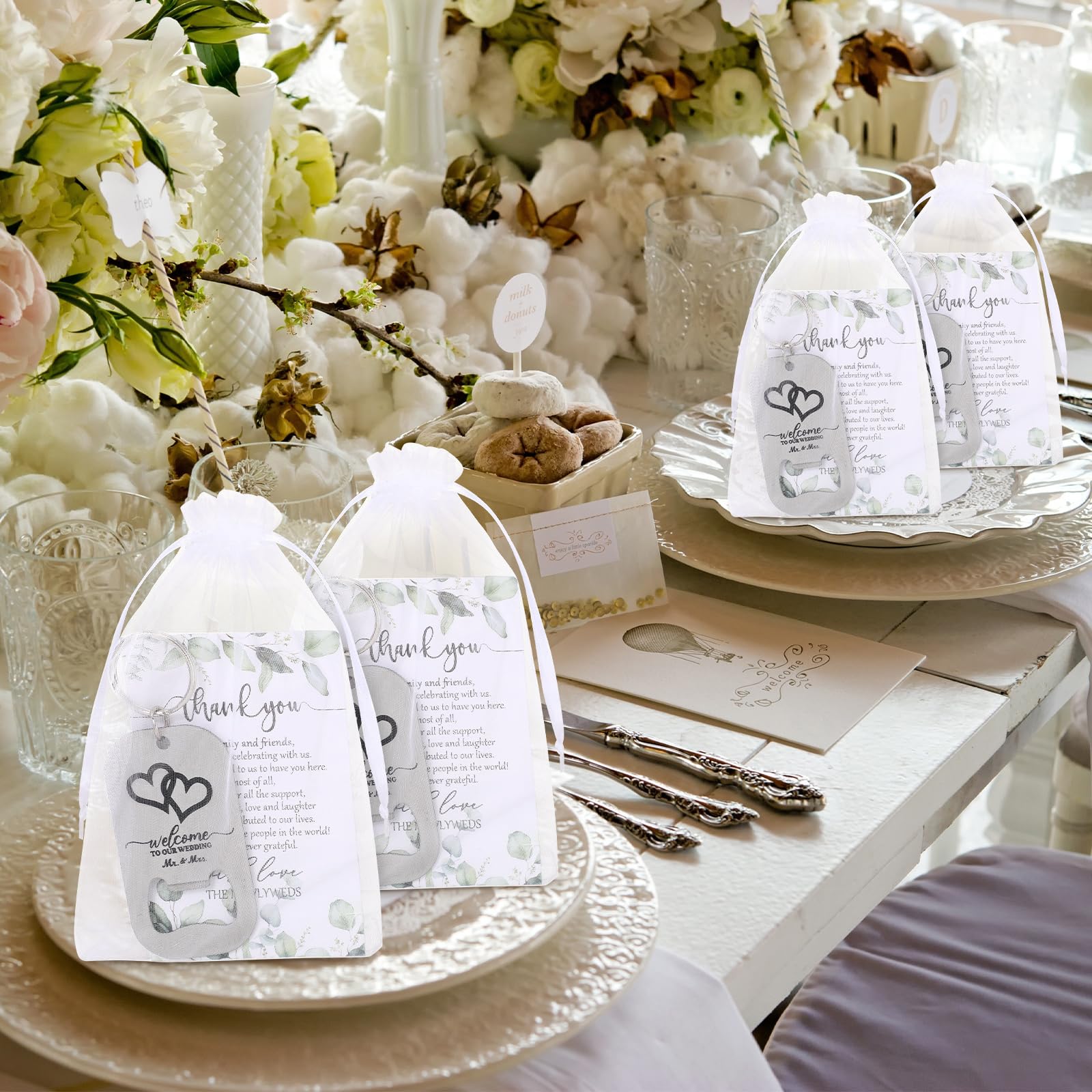FoldTier 50 Sets Hochzeits-Dankeschön-Geschenke für Gäste, 50 Multifunktions-Schlüsselanhänger, Bierflaschenöffner, Schlüsselanhänger mit 50 Hochzeits-Wertschätzungskarten und Organza-Beutel,