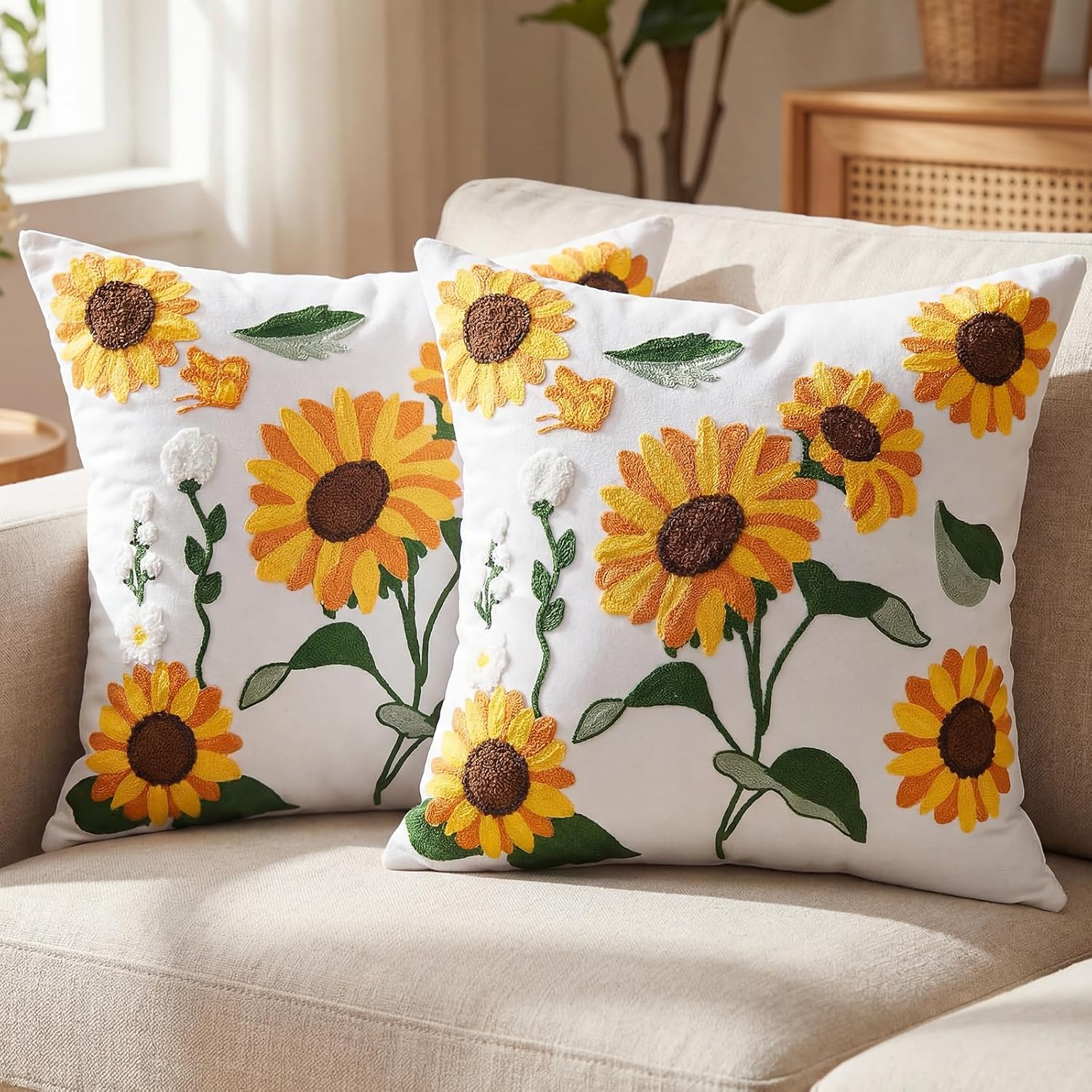 Tranqun 2 Pcs Sunflower Throw Pillow Covers 20 x 20 Inches 3D Embroidered Spring Summer Floral Pillowcase Cushion Pillow Covers for Living Room Farmhouse Couch Sofa Bed Spring Summer Home Decor
