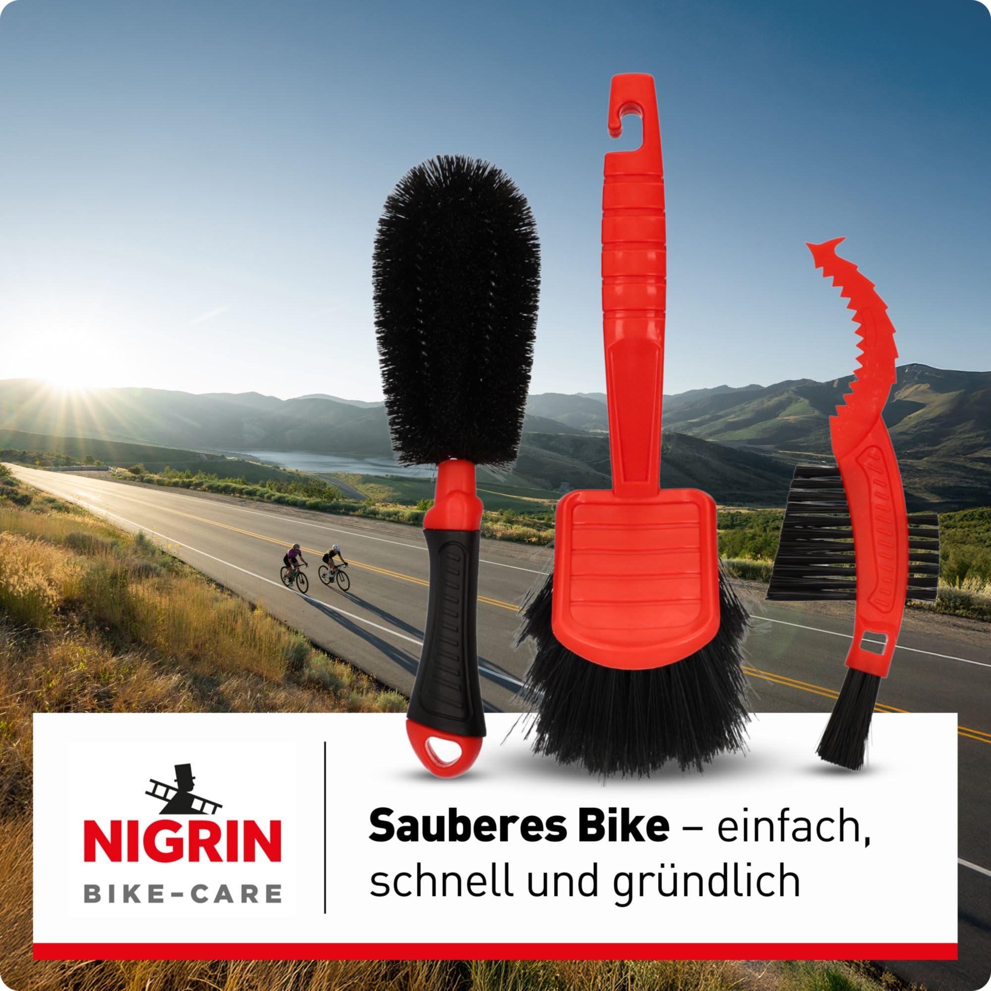 NIGRIN Bike Care zestaw szczotek do czyszczenia rowerów, duża szczotka do czyszczenia powierzchni, szczotka do felg, szprych, kół jezdnych i piast, szczotka do wieńców zębatych do zębatek