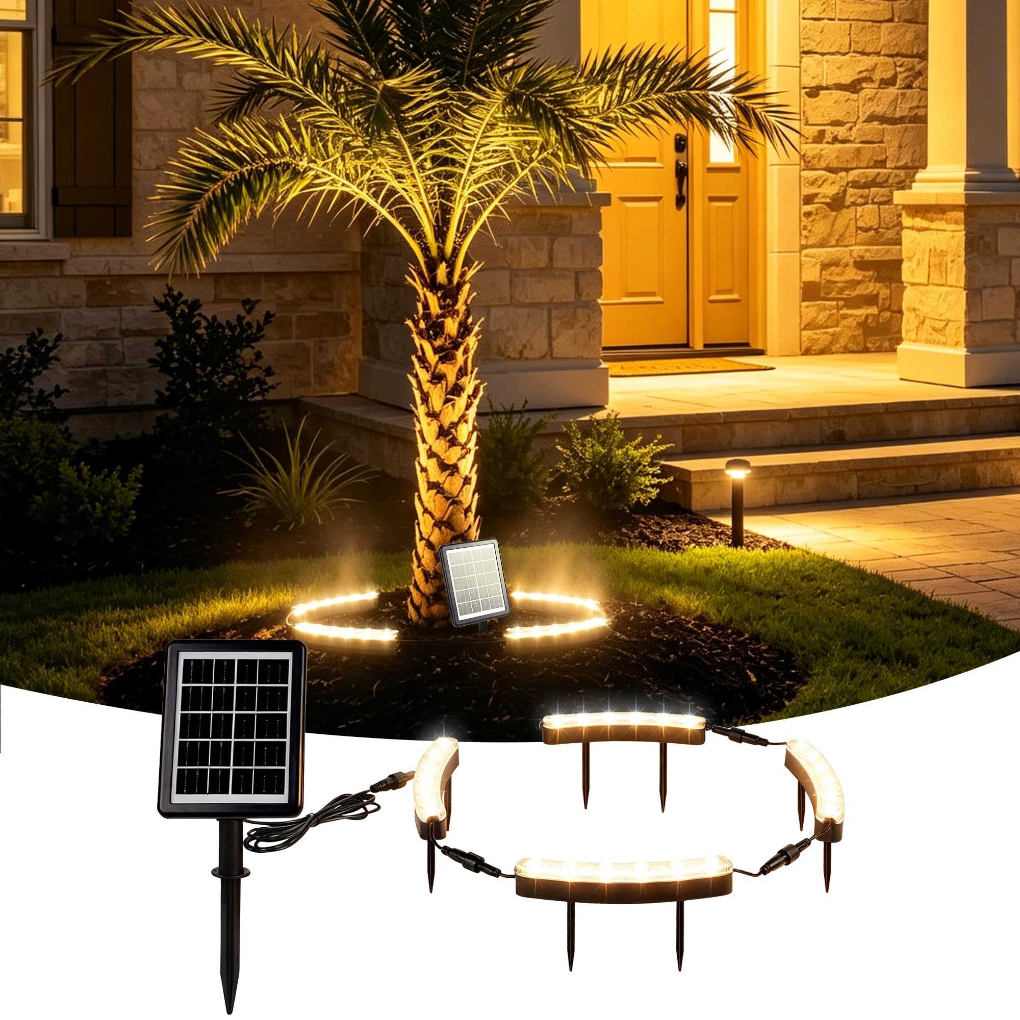 Photo 1 of FORUP Solar Tree Lights Warm White 3000K, 360° Ring Uplight, Ground Stake, 3 Dimming, Auto On/Off, IP44 Waterproof, Solar Landscape Light, Adjustable Inner Diameter for Garden Palm Patio Decor