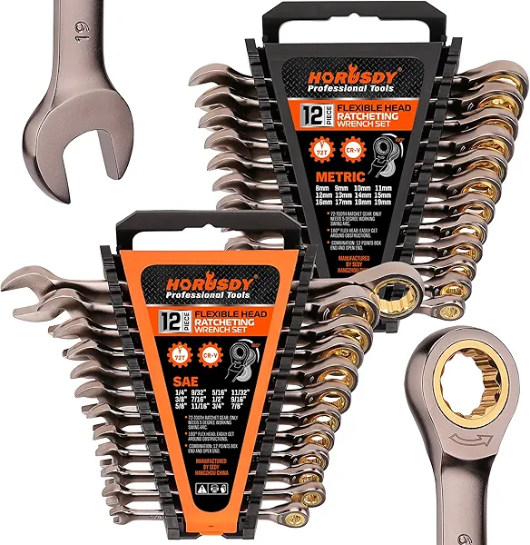 HORUSDY 24-Piece Ratcheting Wrench Set | Metric and SAE | Ratchet Combination Wrenches Set with Organizer | 72-Teeth | Chrome Vanadium Steel | 8-19 mm & 1/4” to 7/8“