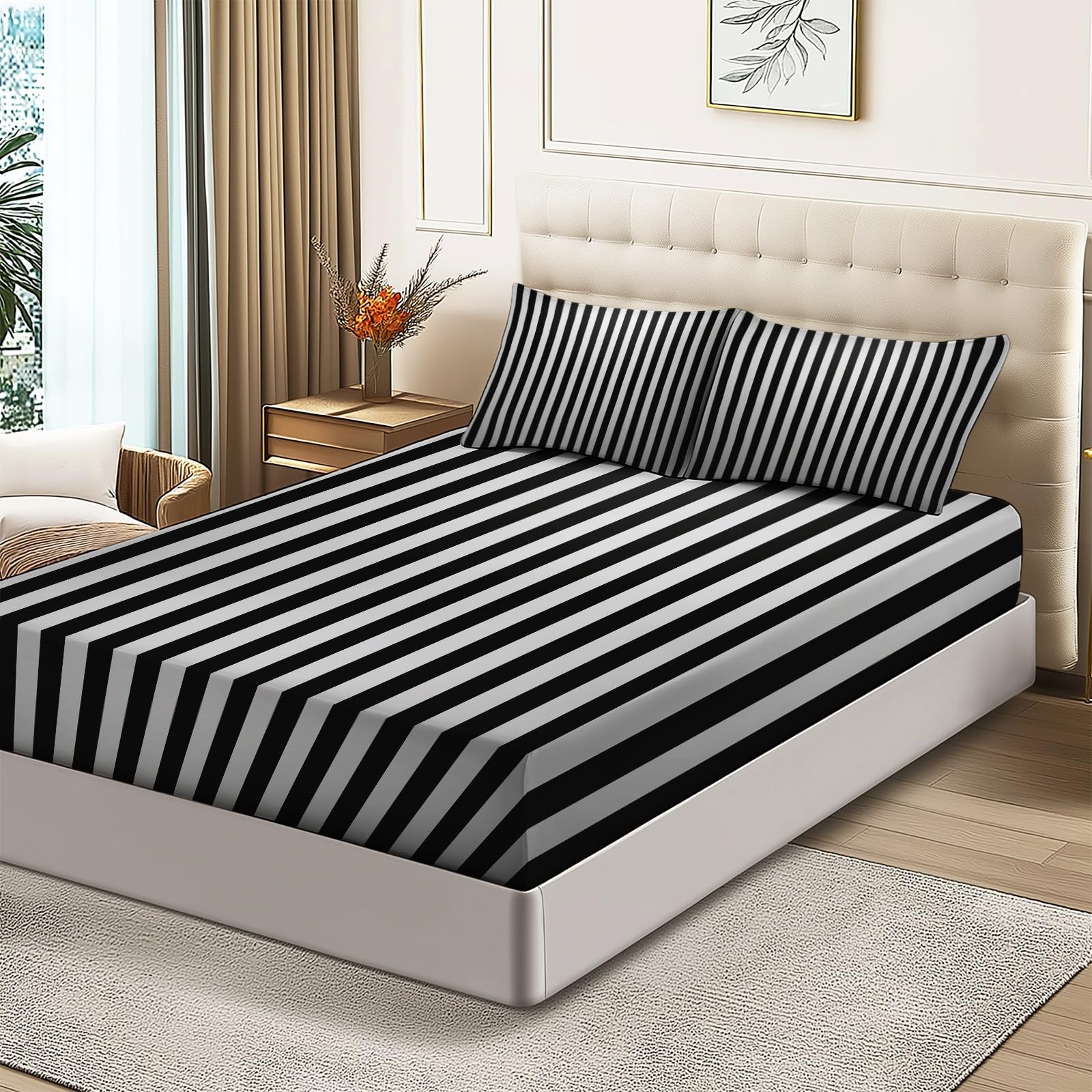 Prześcieradło z gumką proste pionowe linie teksturowane miękkie drukowanie z mikrofibry - 140 × 200 cm wysokość materaca do 30 cm, szary Oddychający i zmywalny pokrowiec na materac z 2 poszewkami na
