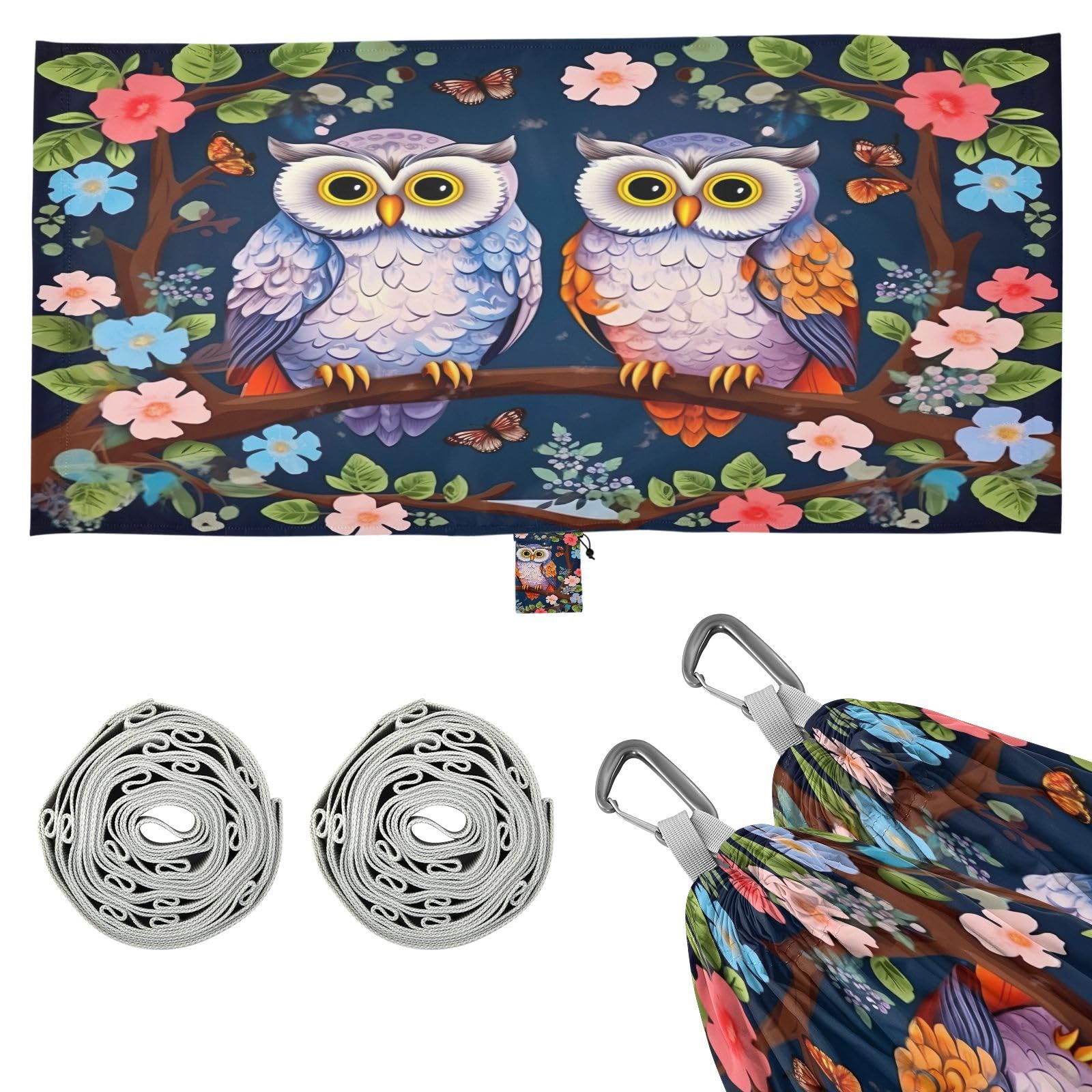 SDMKA Cute Owls Camping Hammock, 330 lbs with 2 Tree Straps, Carry Bag, Single Portable Hammock for Outdoor/Indoor, Hiking, Beach, Backpacking, Travel