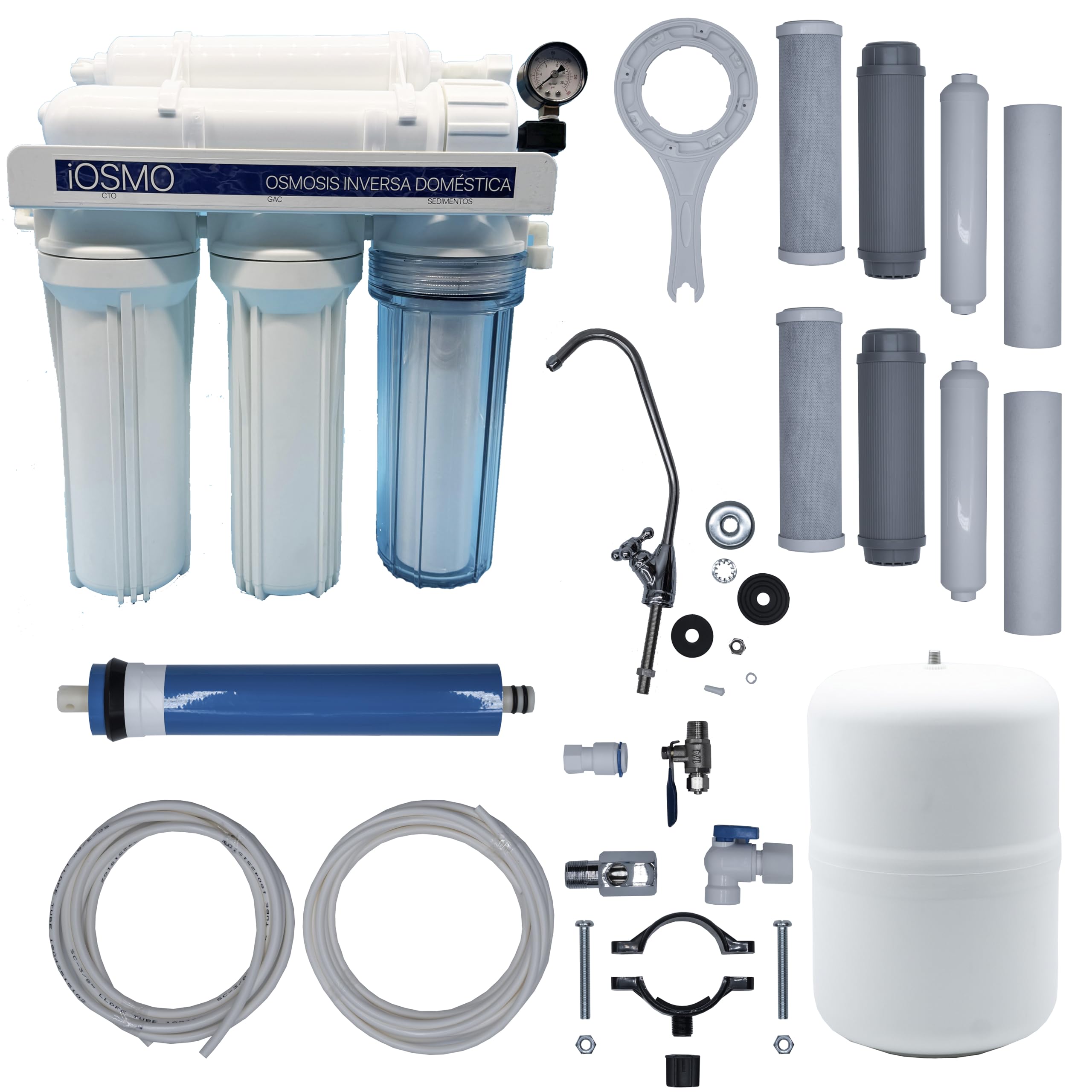 Equipo de Ósmosis Inversa Domestica iOSMO | Ósmosis Inversa 5 Etapas + 2 Recambio Filtros | Filtros y Membrana Universales | Diseño Exclusivo para iFONT (Fabricante: Hidro-Water S.L)