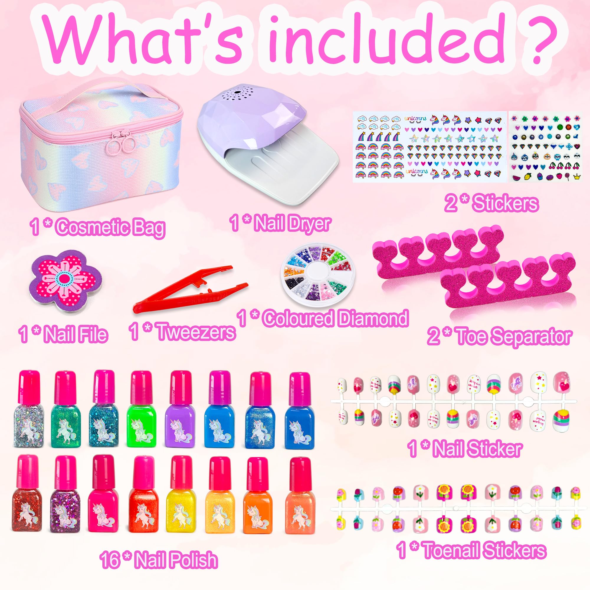 Lubibi Set Smalti Per Unghie Per Bambini, Con Essiccatore Per Smalti e Borsa Per Il Trucco Inclusi, Smalto Impermeabile, Atossico e Pelabile, Regali Di Compleanno Creativi Per Bambine Di 6 7 8 9 Anni