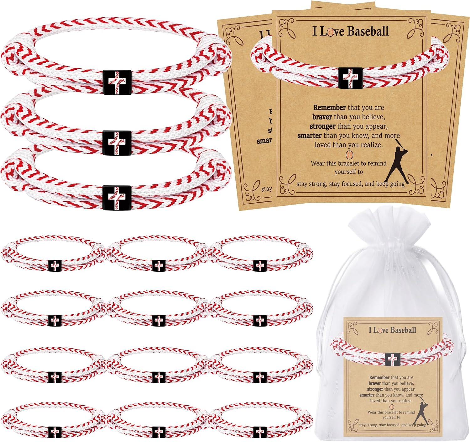 15 Set Christian Baseball Braided Bracelets Gifts for Men Women with Cards Bags Religious Team Gifts Bulk