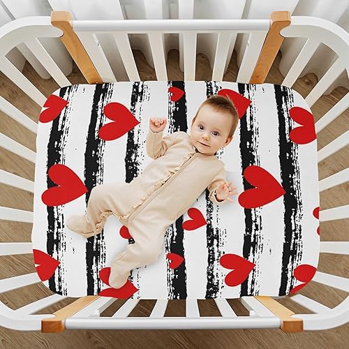 Miniatura 7 de Kigai Sábana bajera ajustable para cuna para niños y niñas, para el día de San Valentín, sábana de bebé de punto con corazón para colchones estándar