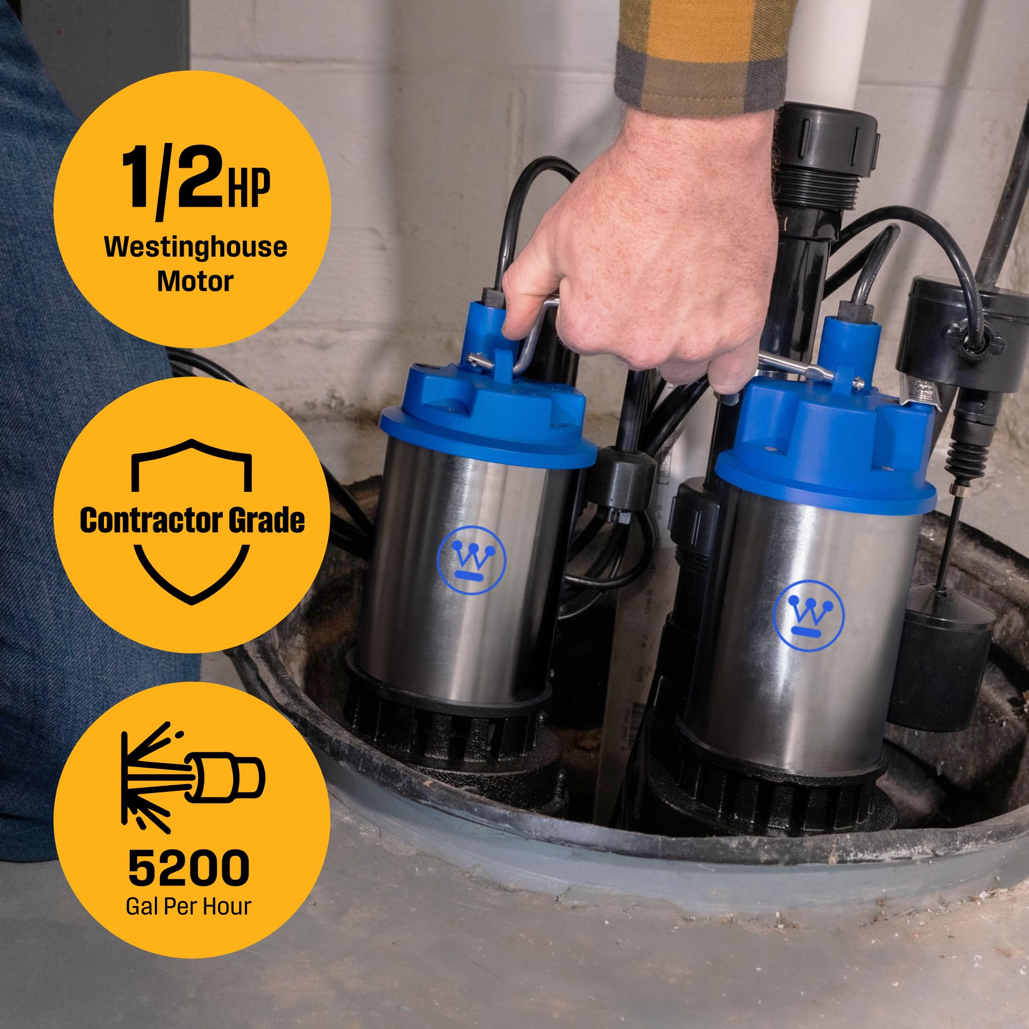 Westinghouse - Battery Backup Sump Pump with Alarm System, 1/2 HP - Backup Sump Pump Up to 5,200 Gallons Per Hour - Heavy Duty Sump Pump Battery Backup - 3 Year Warranty