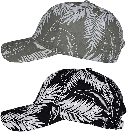 Miniatura 4 de Paquete de 2 sombreros de béisbol con estampado floral a la moda, ajustables, flores, hojas, hawaiano, playa, informal, al aire libre, para hombres