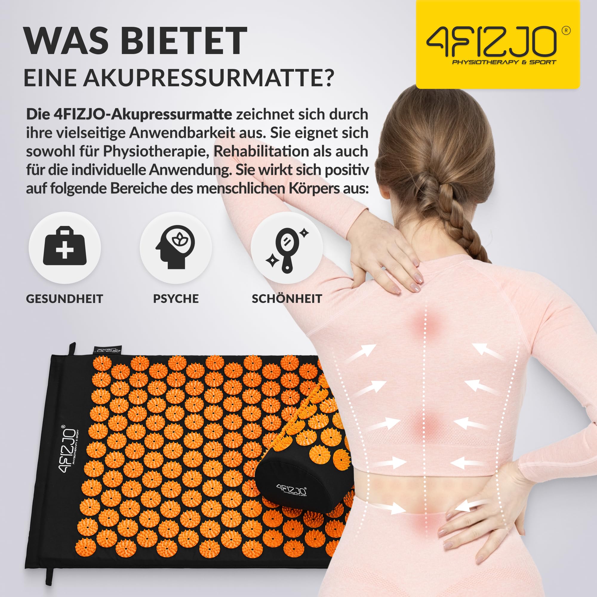 4FIZJO Akupressurmatte & Kissen, 68x42x2 cm, mit Tragetasche, Polyurethanschaum, Hypoallergen, 9618 Stacheln, Massagematte für bessere Durchblutung, Muskeln Entspannung, Farbe: Schwarz und Orange
