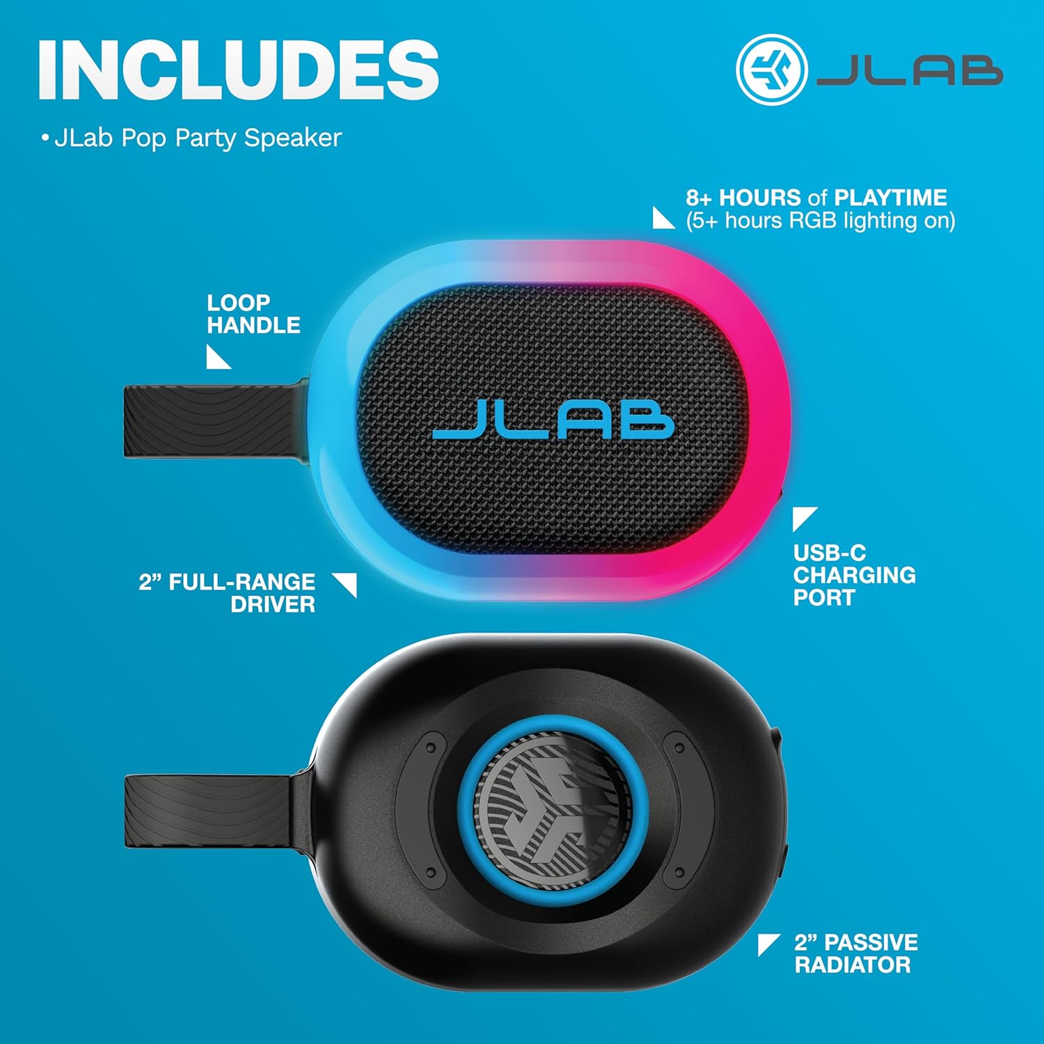 JLab Pop Party Portable Bluetooth Speaker, Black, 8+ Hours of Playtime, IP55 Waterproofing, Detachable Loop Handle, Customizable RGB LED Lighting, Lab Sync Up to 100 Speakers, Custom Sound in-App - Image 8