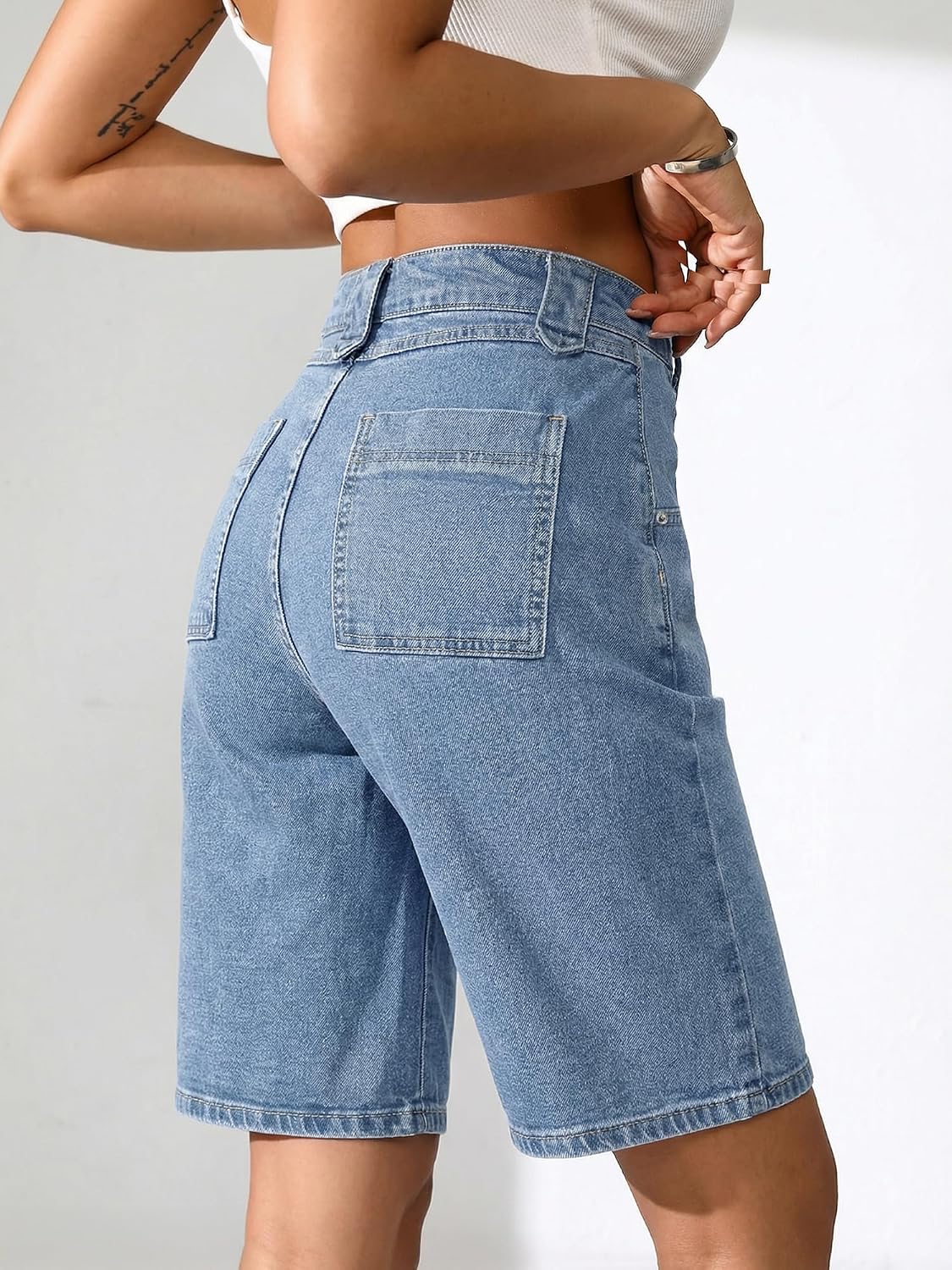EMMIOL Bermuda Jean Shorts for Women Long Knee Length High Waisted Stretchy Cotton Jorts with Pockets Denim Summer Clean Fit