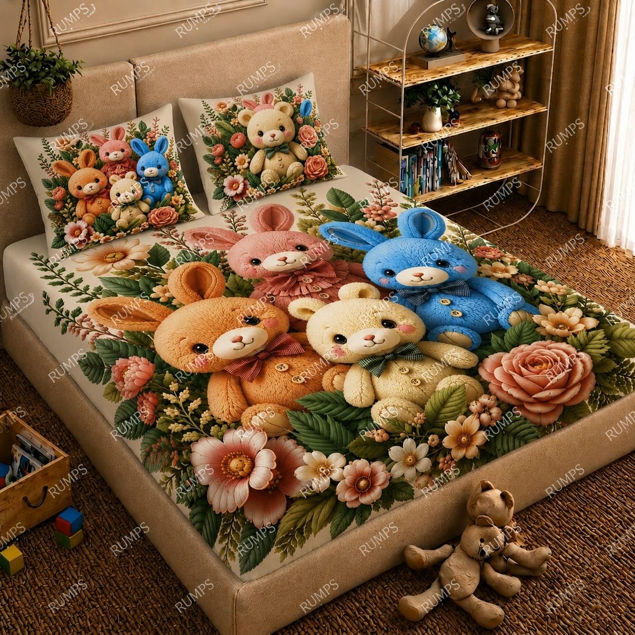RUMPS 3D Digital Printed Double Bedsheet Flat | Premium Knitted Cotton MicroFabric 90x100 Inch Bed Sheet with 2 Pillow Covers, Cute Cartoon Blue Bird (7D Digital 09)