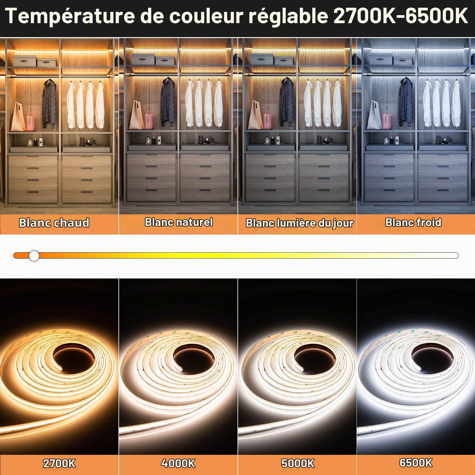 GIDEALED Kit de bande LED COB 5 m, CCT DC24V Dimmable 2700K-6500K Blanc chaud Blanc froid CW WW Bande LED Cob avec télécommande RF et application Bluetooth contrôlée pour l'éclairage ambiant DIY