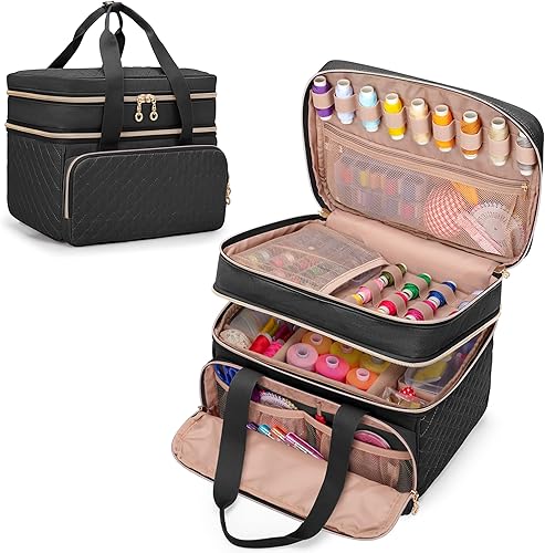 YARWO Organizador de suministros de costura de doble capa con 5 divisores personalizados, bolsa de almacenamiento portátil para accesorios de