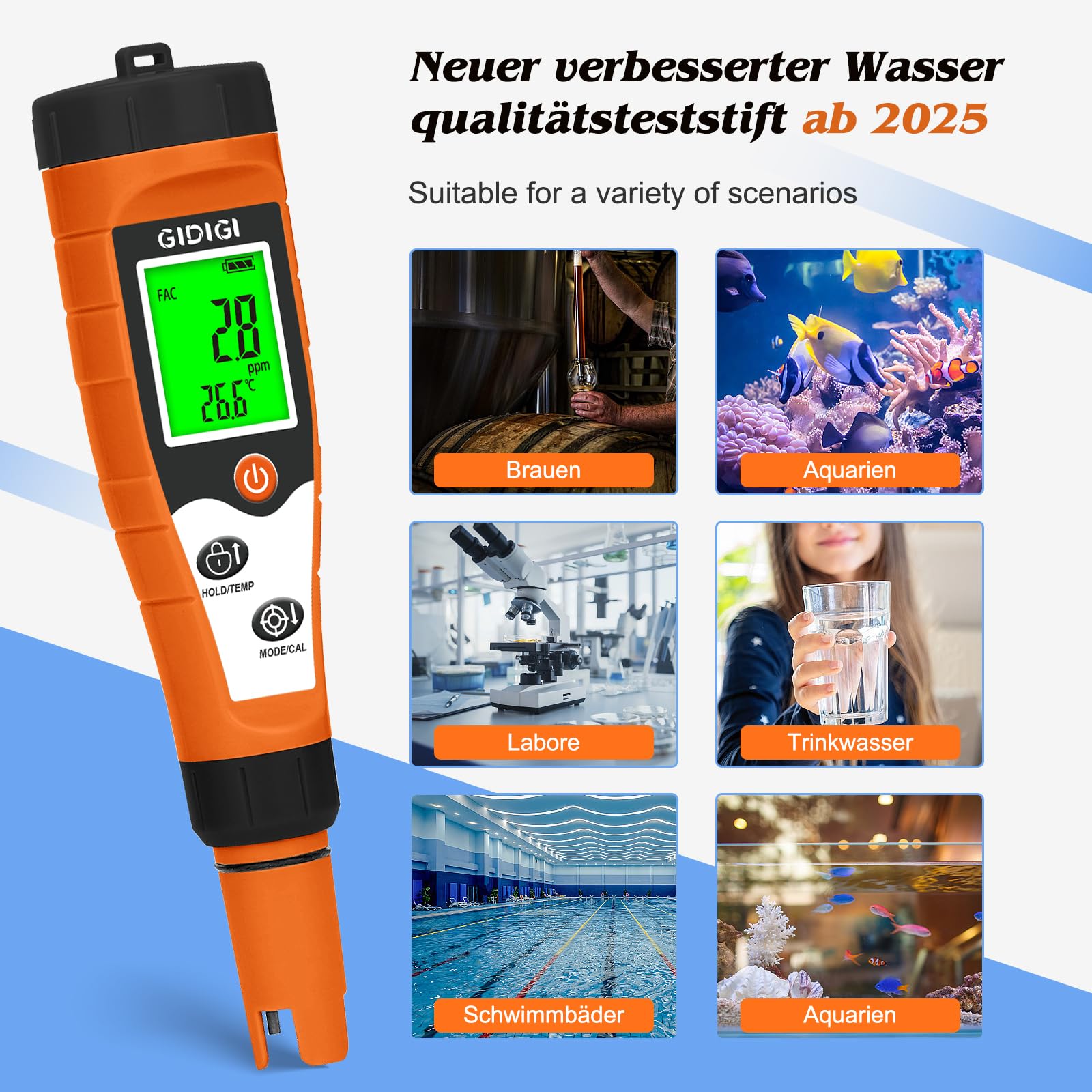 pH und Chlormessgerät für Pools Salzmessgerät für Schwimmbäder | 7-in-1 Messgerät ORP, EC, TDS und Temperatur Für Aquarien mit Kalibrierlösung, Hydrokultur, Whirlpools, Wassertest-Set