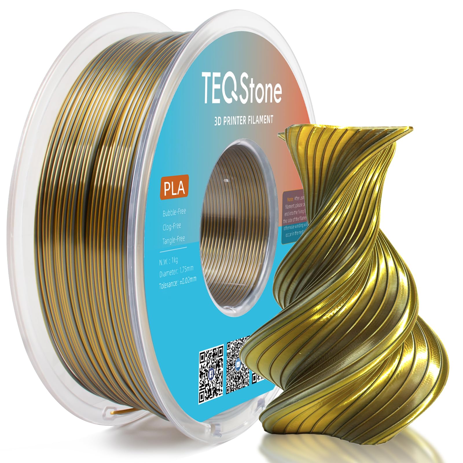 Dual Color Silk PLA Filament 1.75mm Gold Silver 1KG, Shiny High Gloss Finish, Seamless Color Transition, Neatly Wound, Accuracy +/-0.02mm Vacuum Packaging