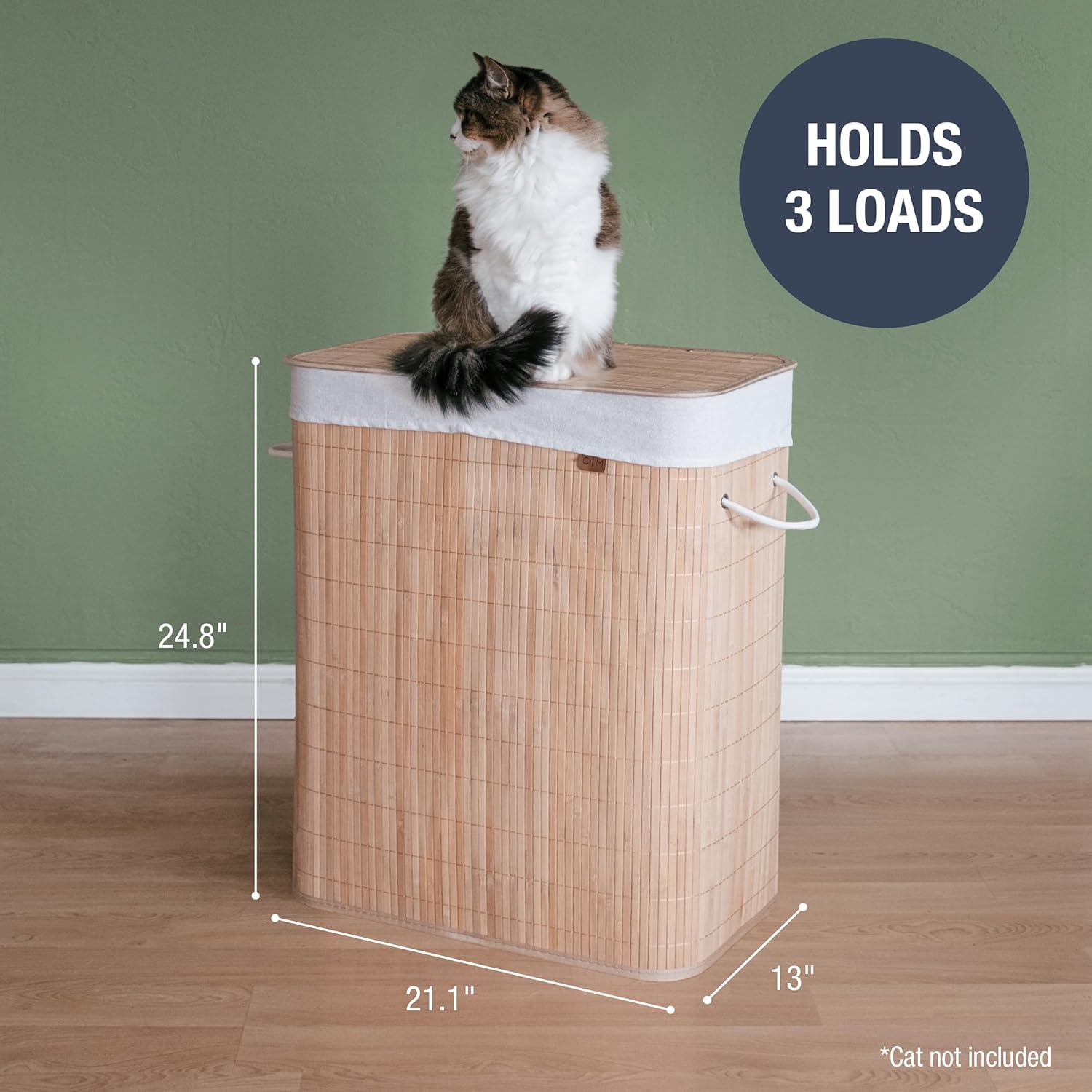 CleverMade bamboo hamper with dimensions labeled and a cat sitting on top