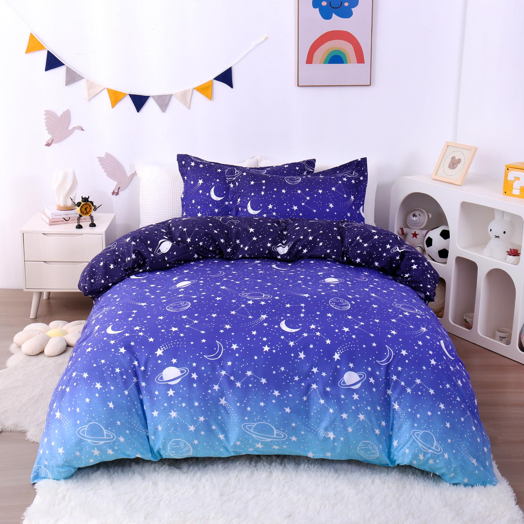 JSD Blue Stars Kids Duvet Cover Set Queen Size, 3 Piece Boys Space Theme Microfiber Comforter Cover with Pillow Shams Zipper Closure, Comforter Not Included